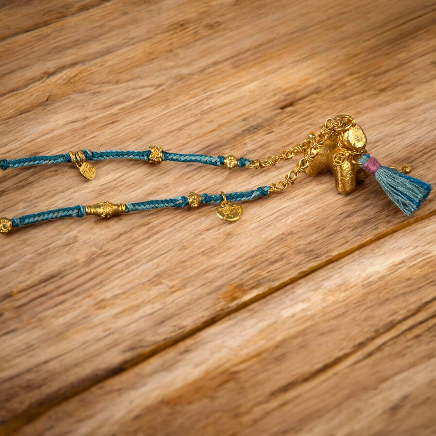 24k 999 Gold Traditional Bring Wealth Horse Charm Hand-Woven Rope Necklace