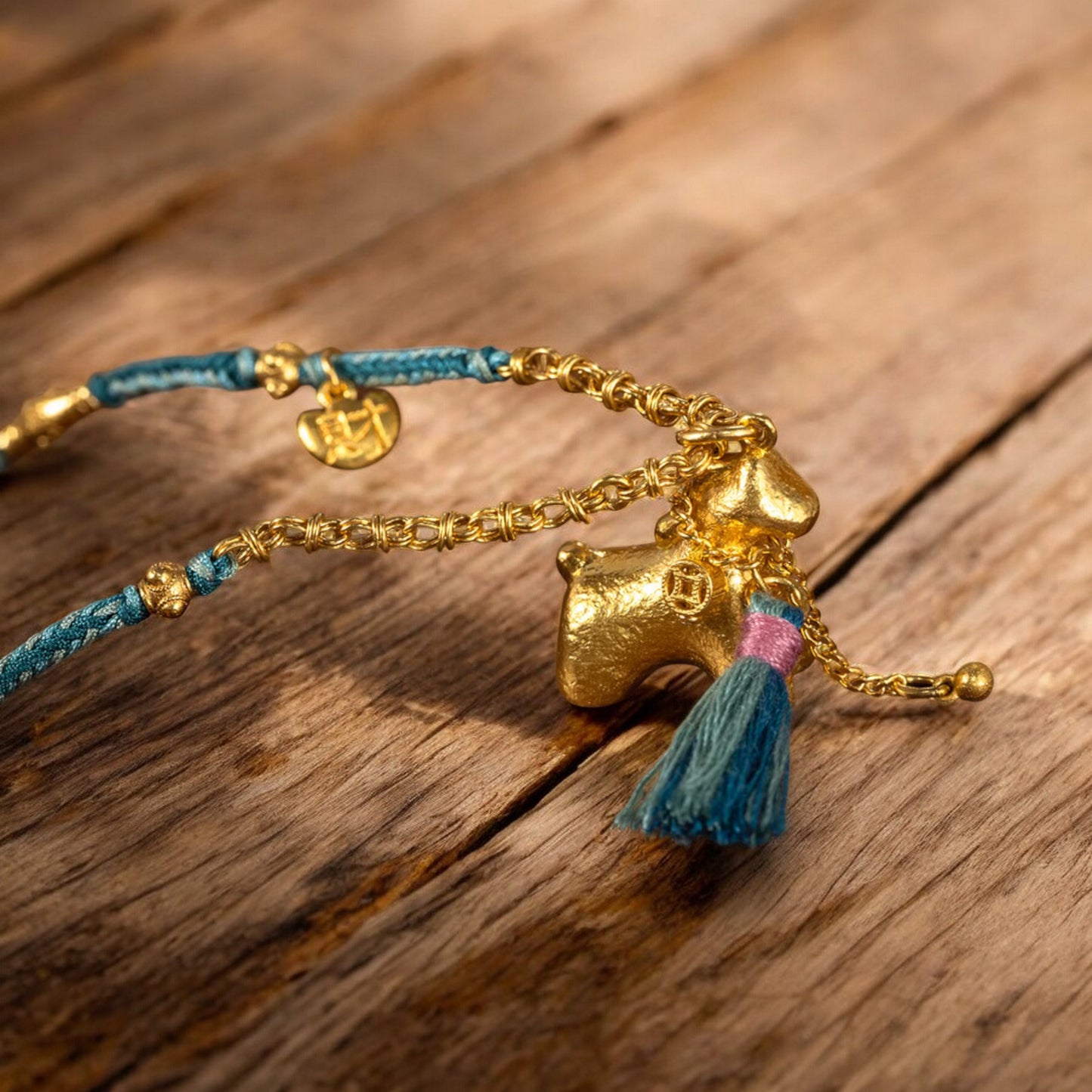 24k 999 Gold Traditional Bring Wealth Horse Charm Hand-Woven Rope Necklace