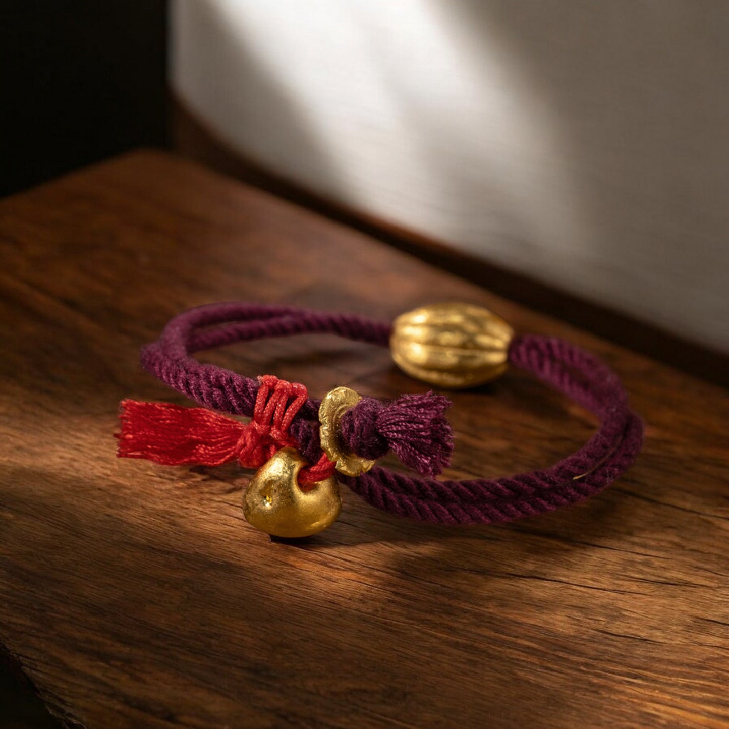 24k 999 Gold Gourd Shaped Charm Red String Bracelet