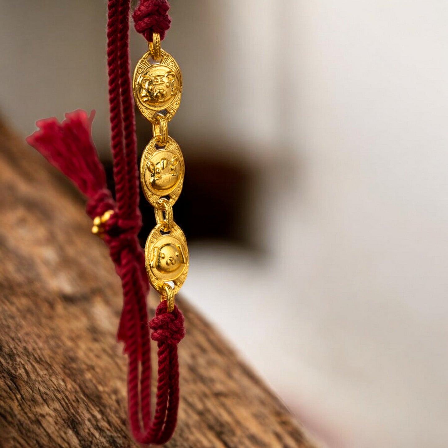 24k 999 Gold Chinese Zodiac Three-Combination Animal Charm Hand-Woven Red String Bracelet