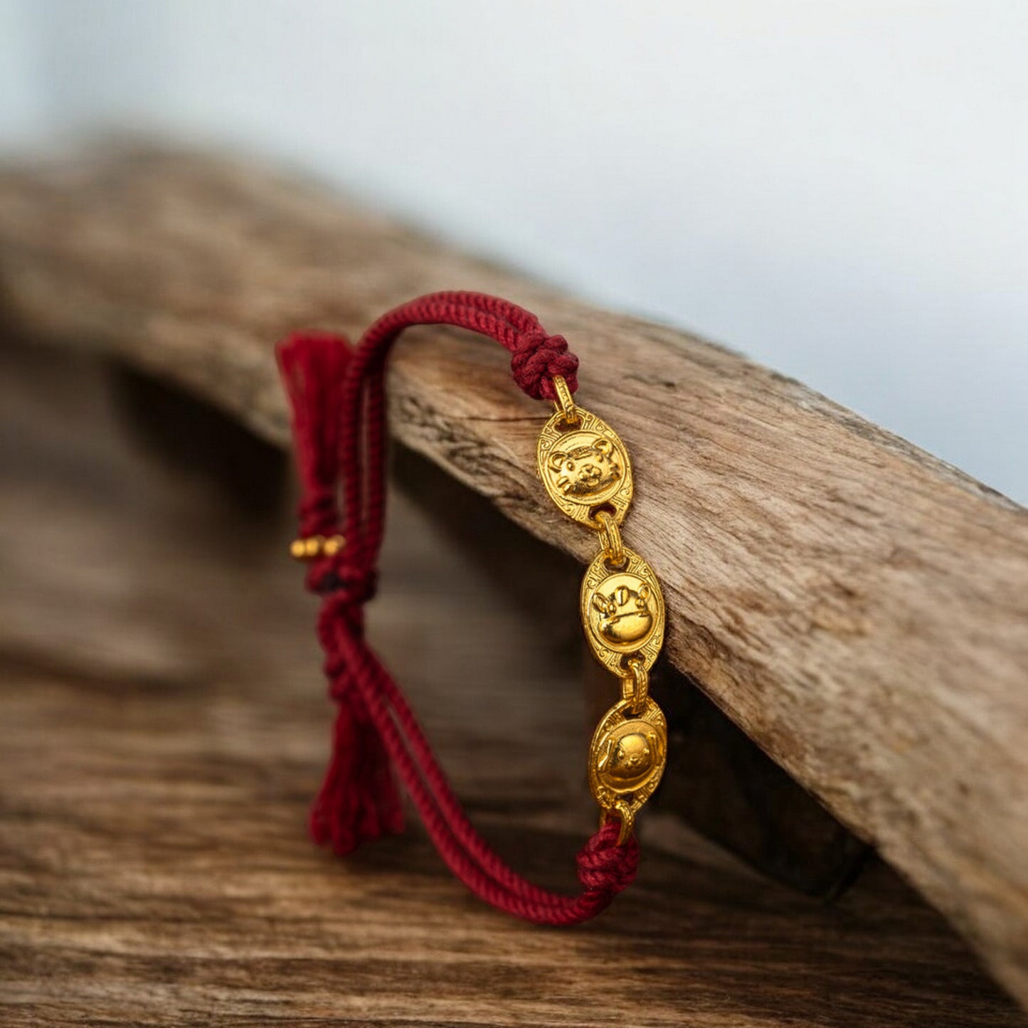 24k 999 Gold Chinese Zodiac Three-Combination Animal Charm Hand-Woven Red String Bracelet