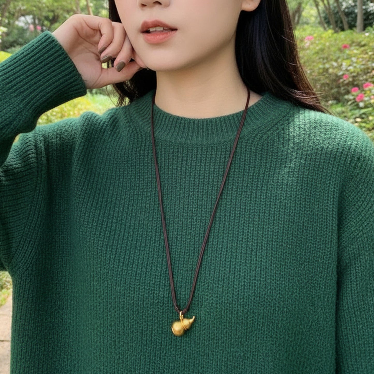 24k 999 Gold Lucky Hand-Engraved Cloisonné Gourd Pendant Rope Necklace