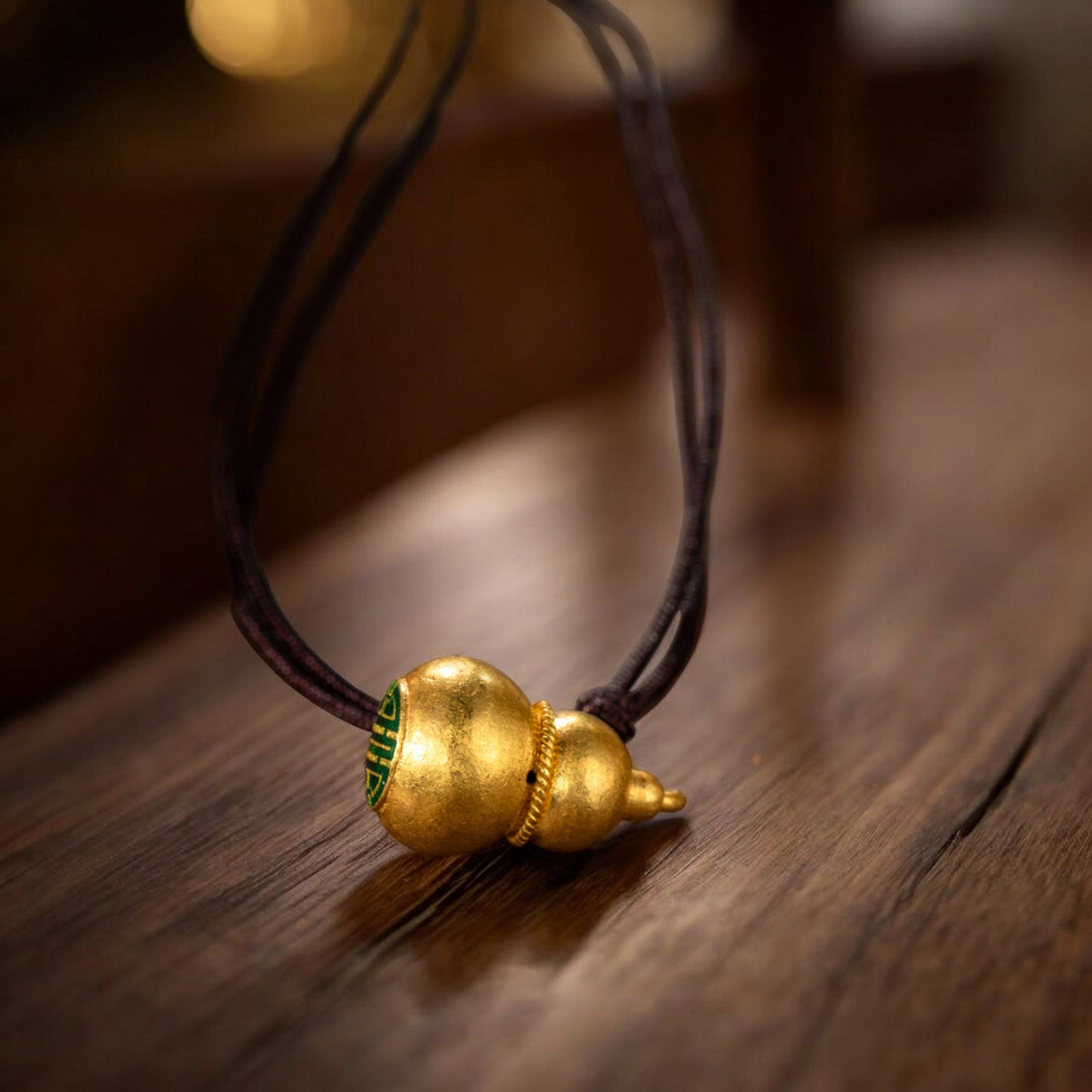 24k 999 Gold Lucky Hand-Engraved Cloisonné Gourd Pendant Rope Necklace