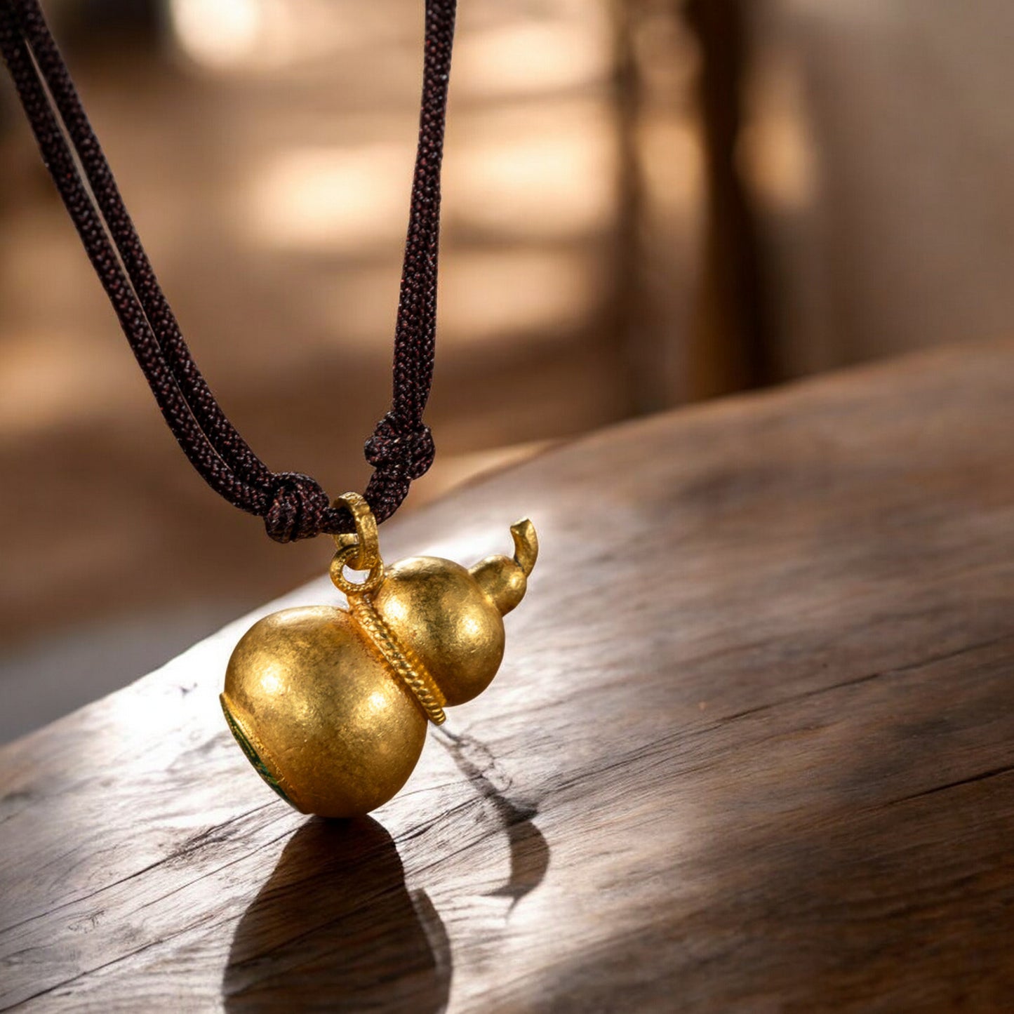 24k 999 Gold Lucky Hand-Engraved Cloisonné Gourd Pendant Rope Necklace