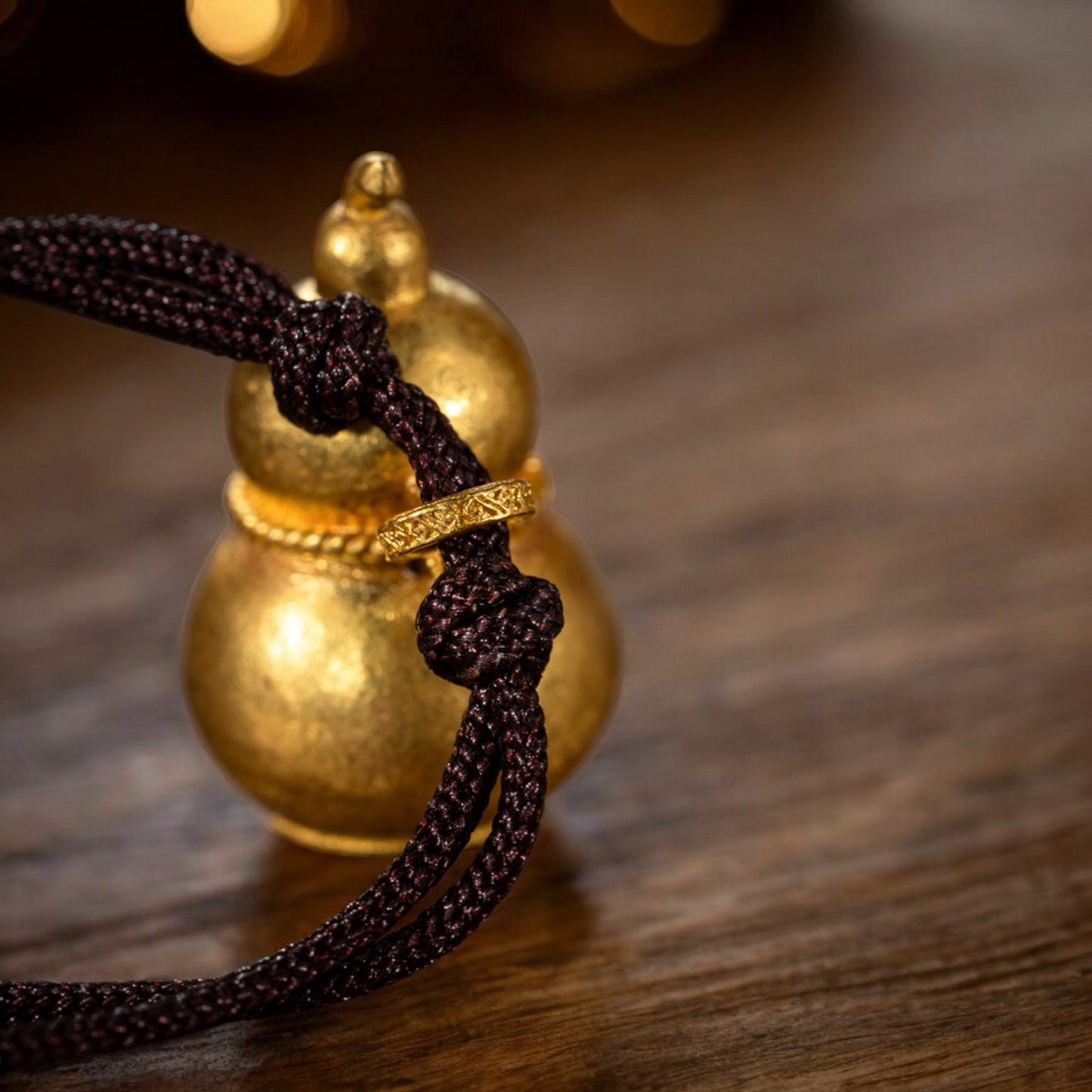 24k 999 Gold Lucky Hand-Engraved Cloisonné Gourd Pendant Rope Necklace