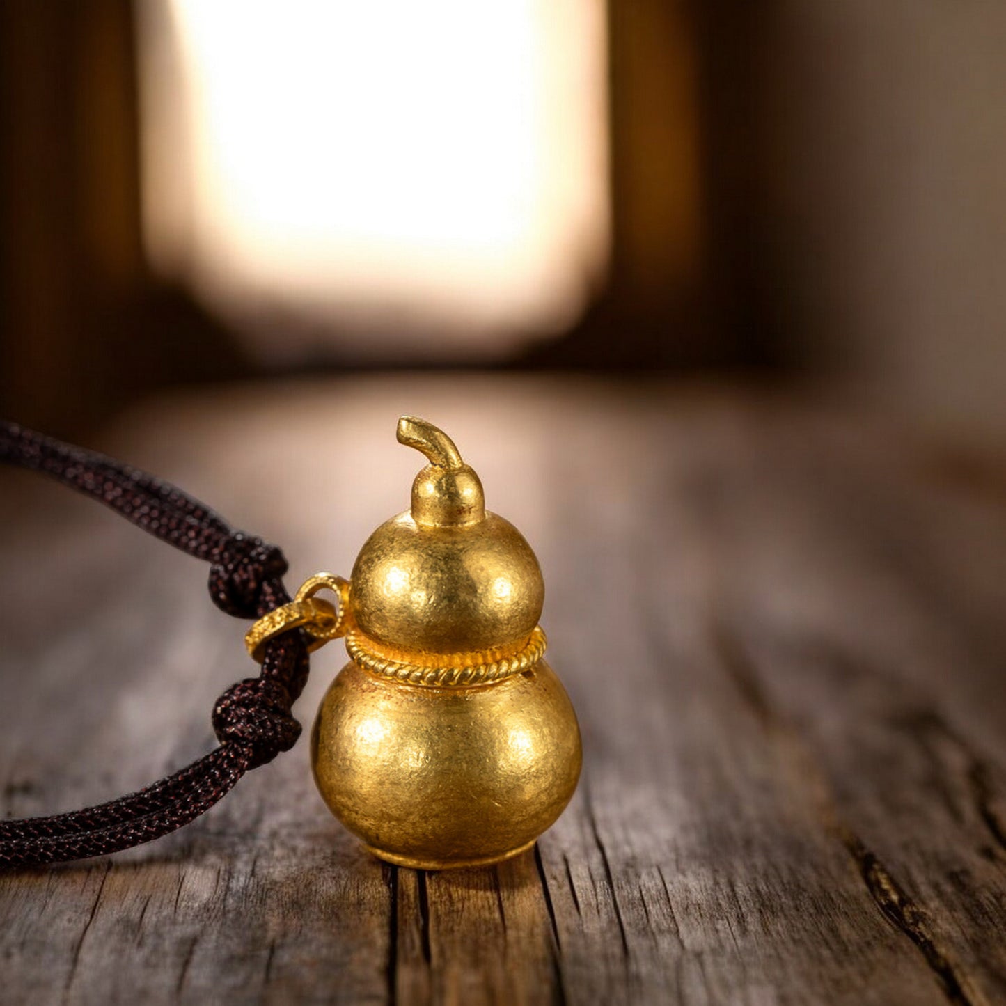 24k 999 Gold Lucky Hand-Engraved Cloisonné Gourd Pendant Rope Necklace