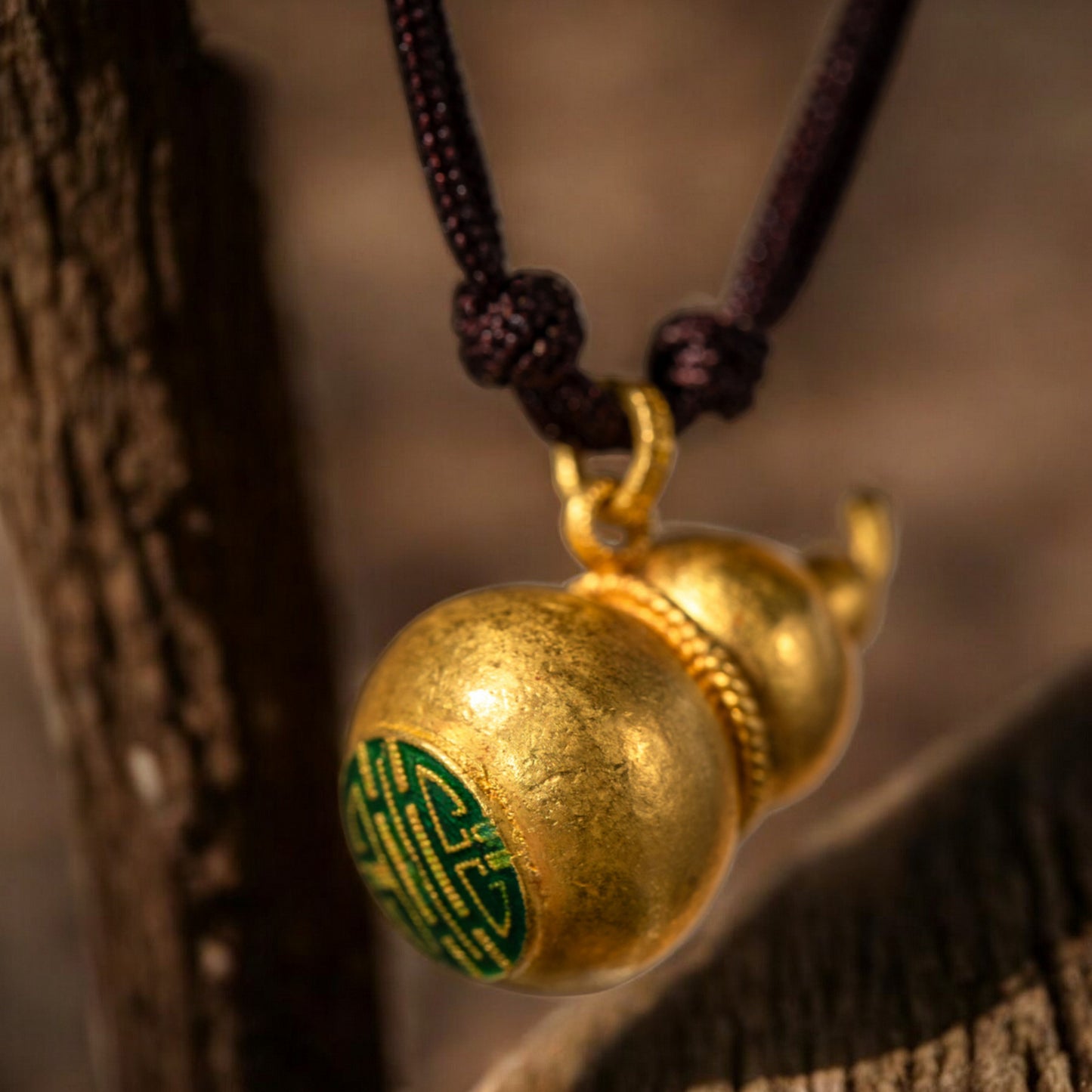 24k 999 Gold Lucky Hand-Engraved Cloisonné Gourd Pendant Rope Necklace