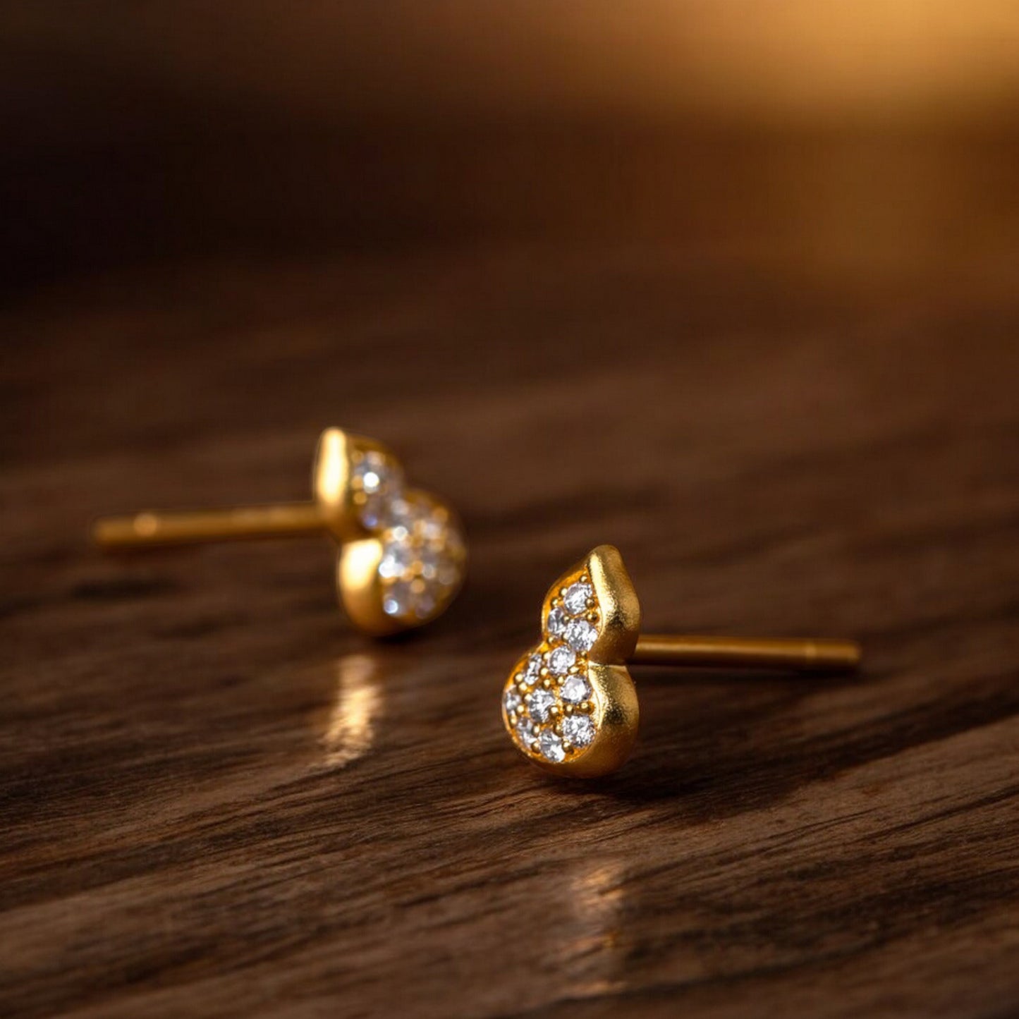 24K Real Gold Natural Diamond Lucky Mini Gourd Stud Earrings