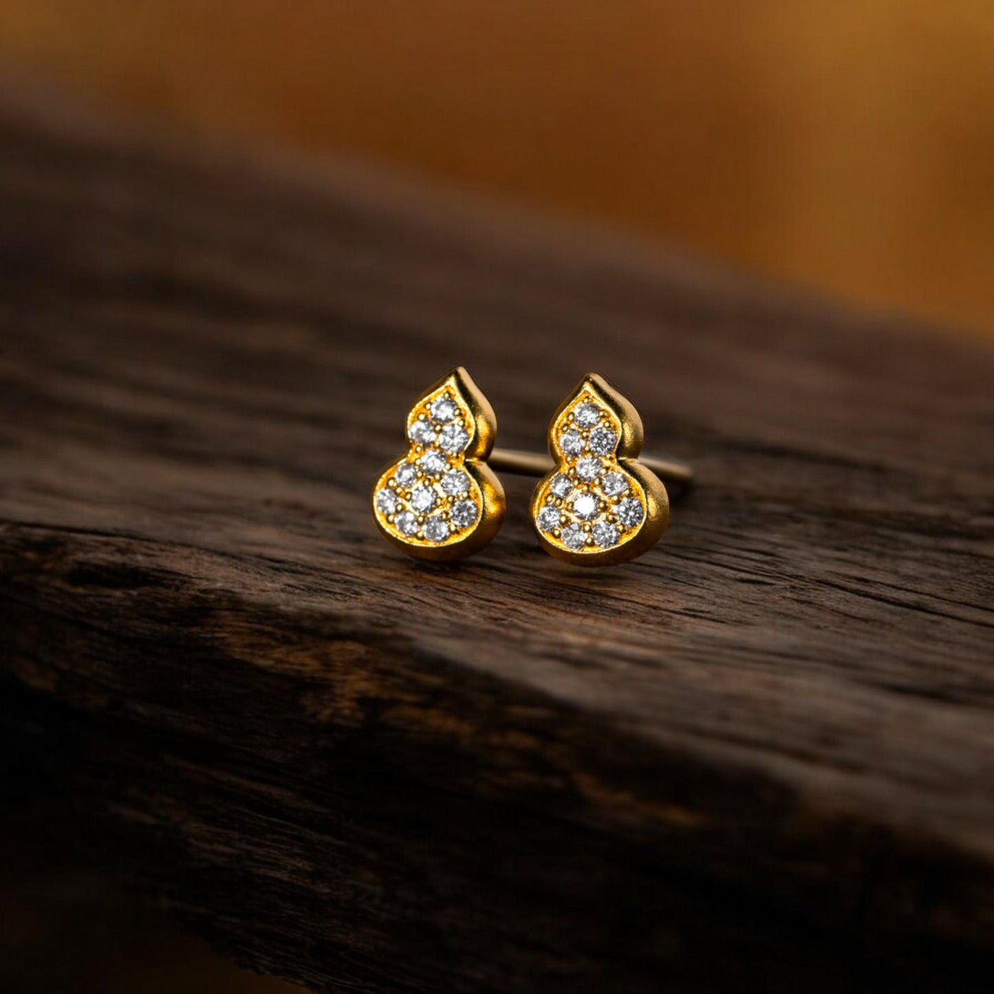 24K Real Gold Natural Diamond Lucky Mini Gourd Stud Earrings