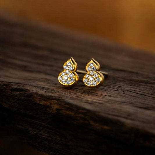 24K Real Gold Natural Diamond Lucky Mini Gourd Stud Earrings