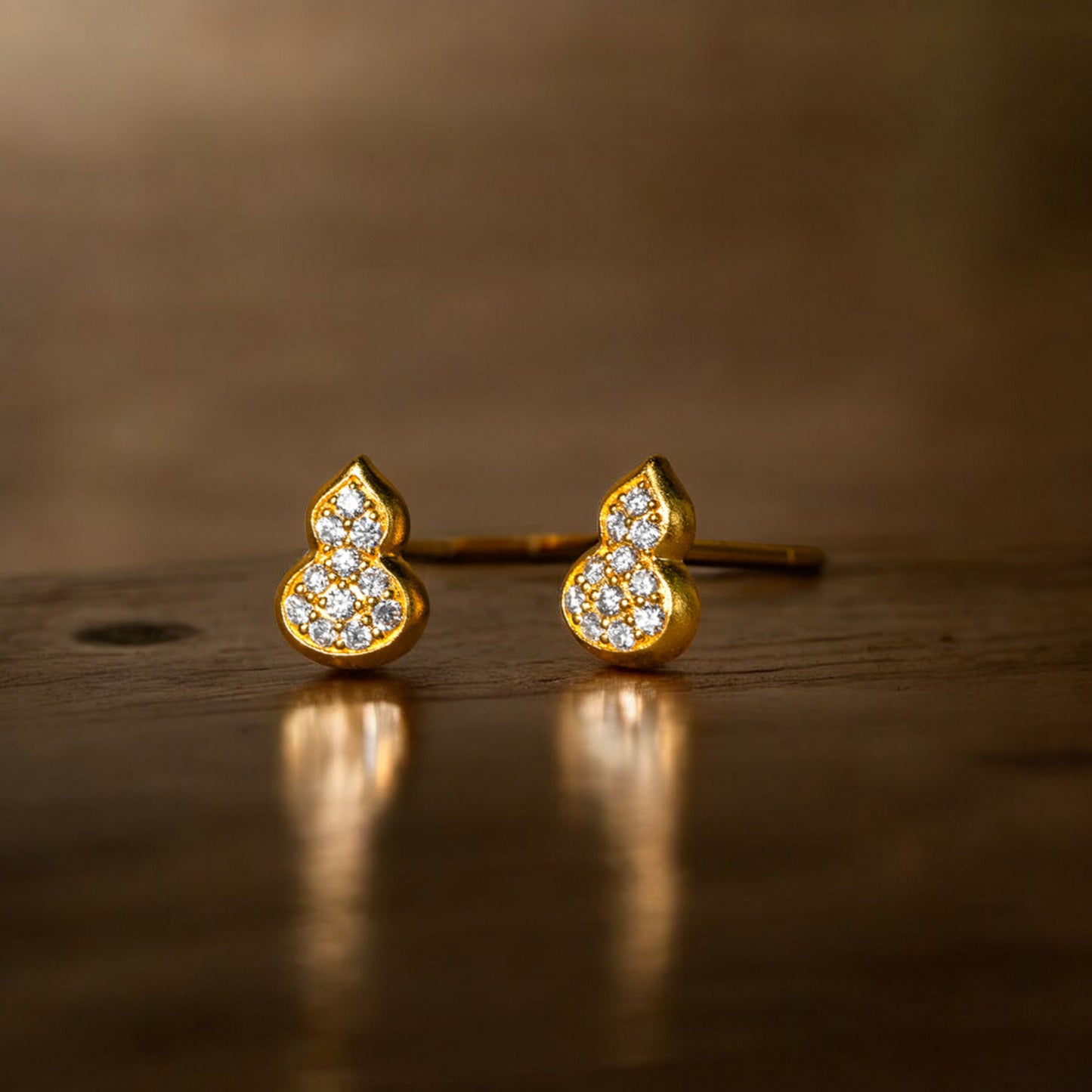 24K Real Gold Natural Diamond Lucky Mini Gourd Stud Earrings