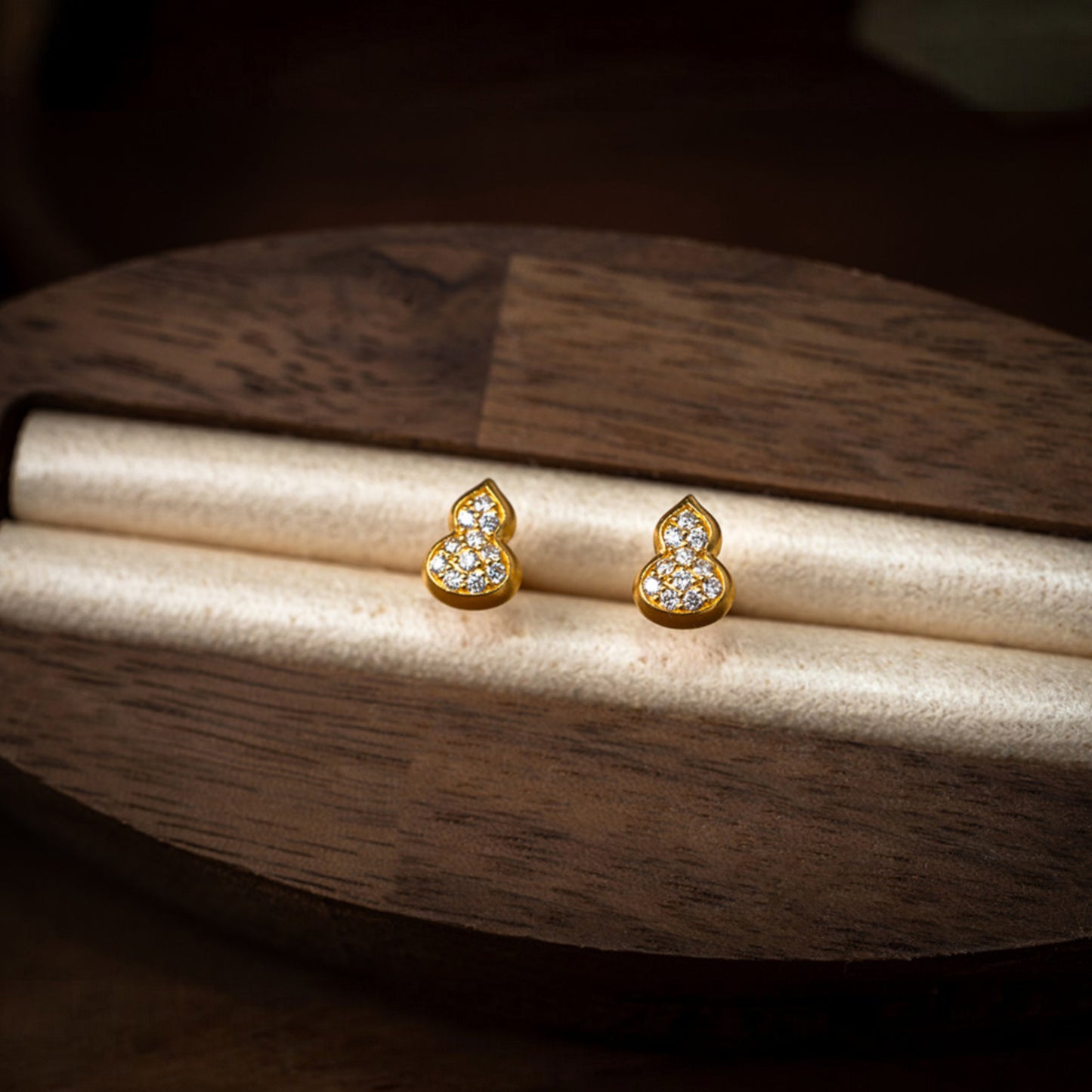 24K Real Gold Natural Diamond Lucky Mini Gourd Stud Earrings