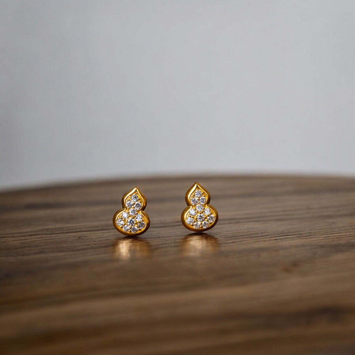 24K Real Gold Natural Diamond Lucky Mini Gourd Stud Earrings