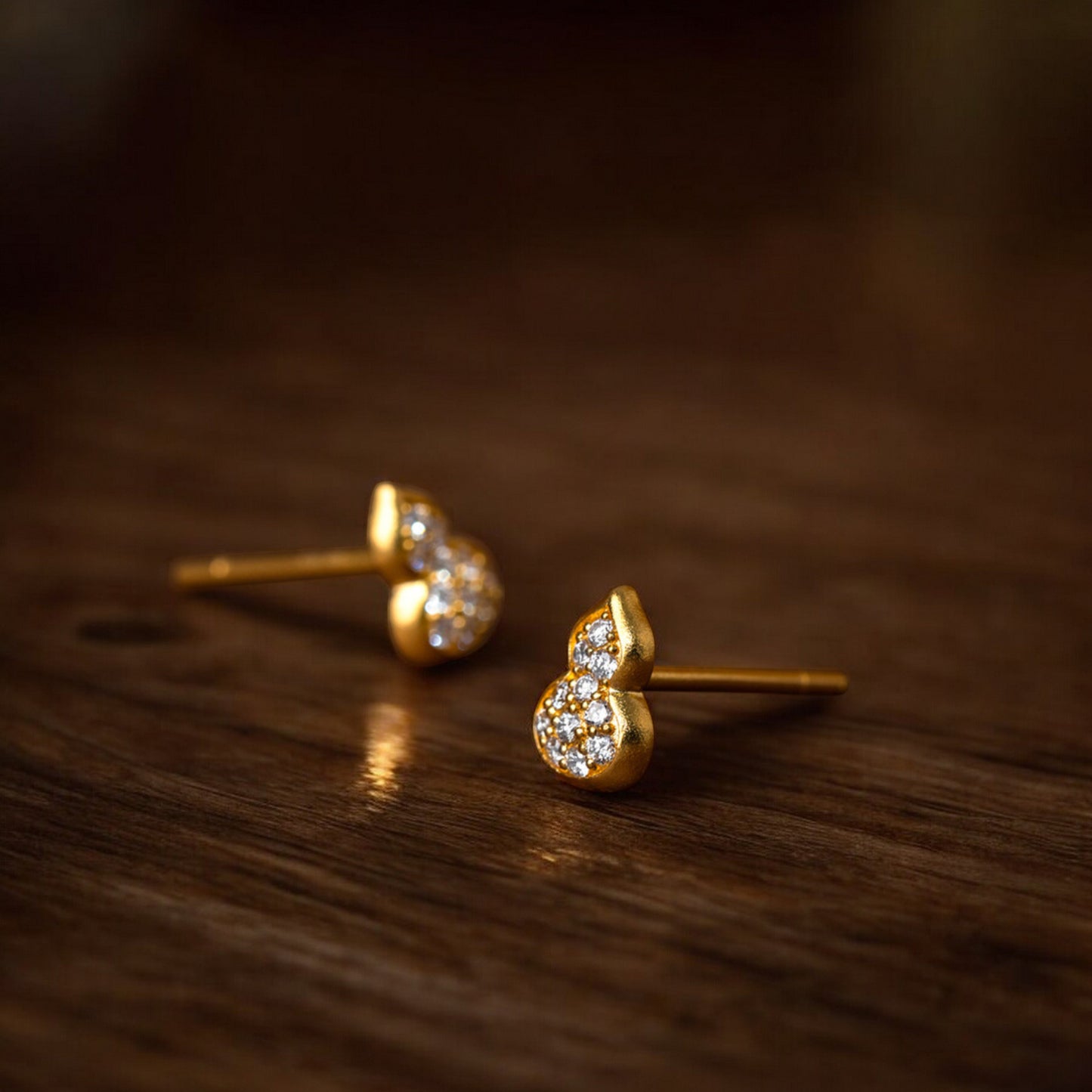 24K Real Gold Natural Diamond Lucky Mini Gourd Stud Earrings