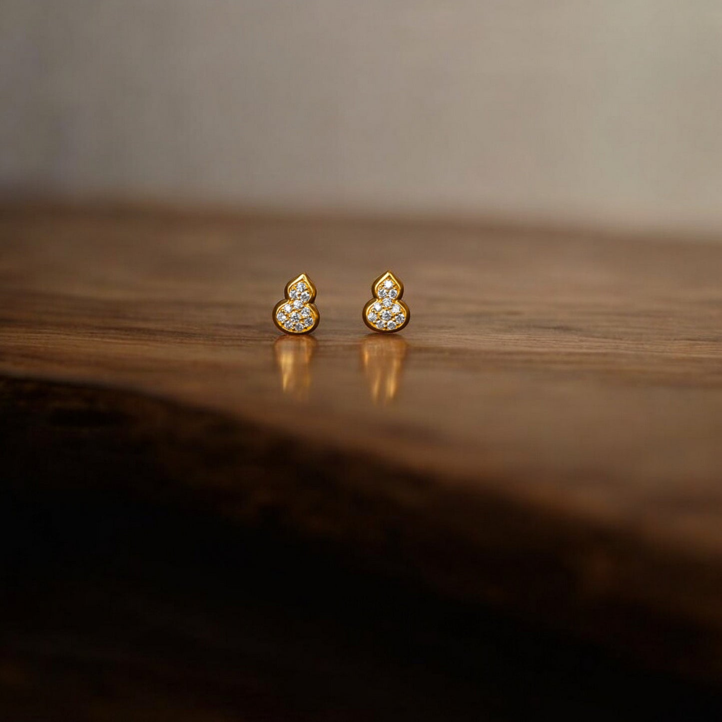 24K Real Gold Natural Diamond Lucky Mini Gourd Stud Earrings