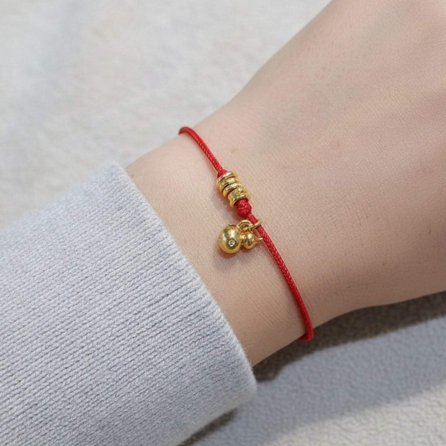 24k 999 Gold Lucky Natural Diamond Gourd Charm Red String Bracelet