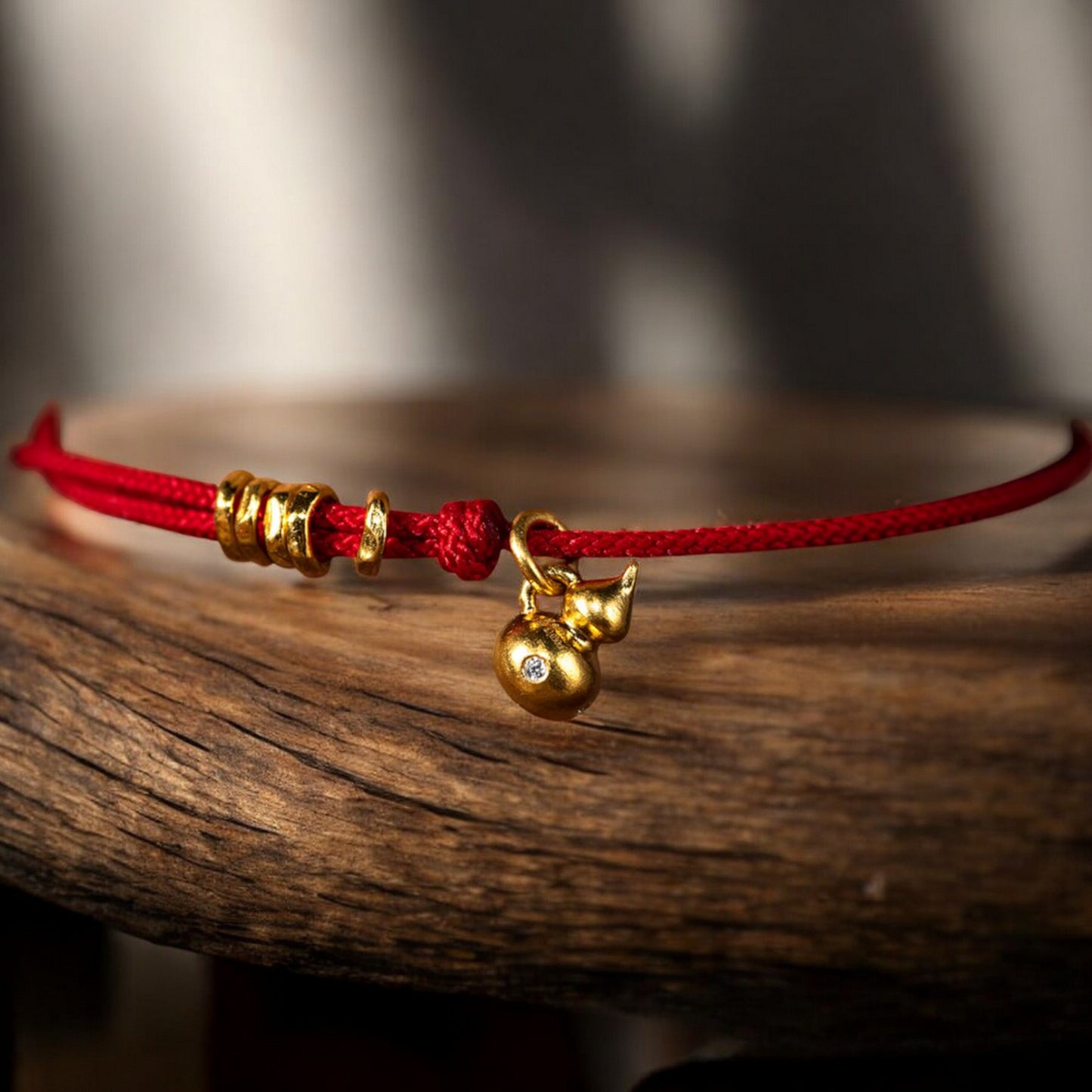 24k 999 Gold Lucky Natural Diamond Gourd Charm Red String Bracelet