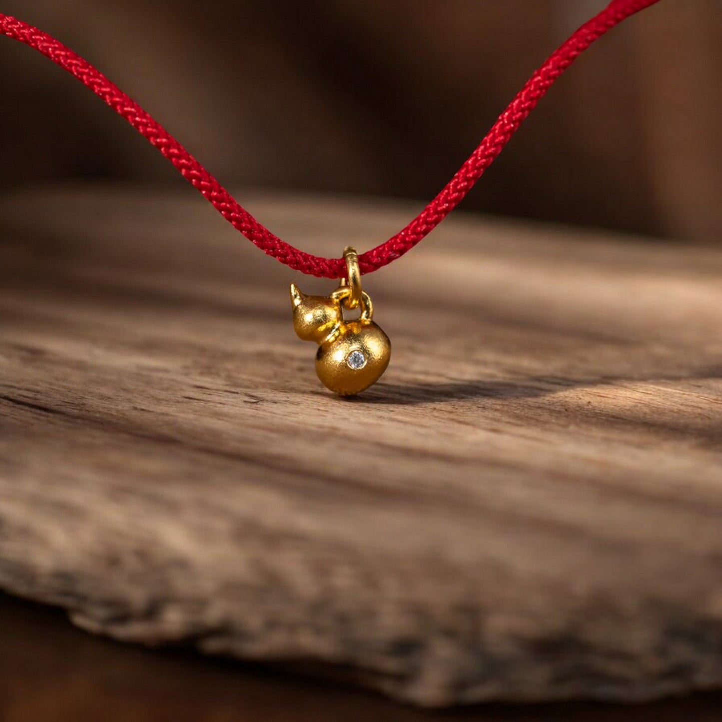 24k 999 Gold Lucky Natural Diamond Gourd Charm Red String Bracelet