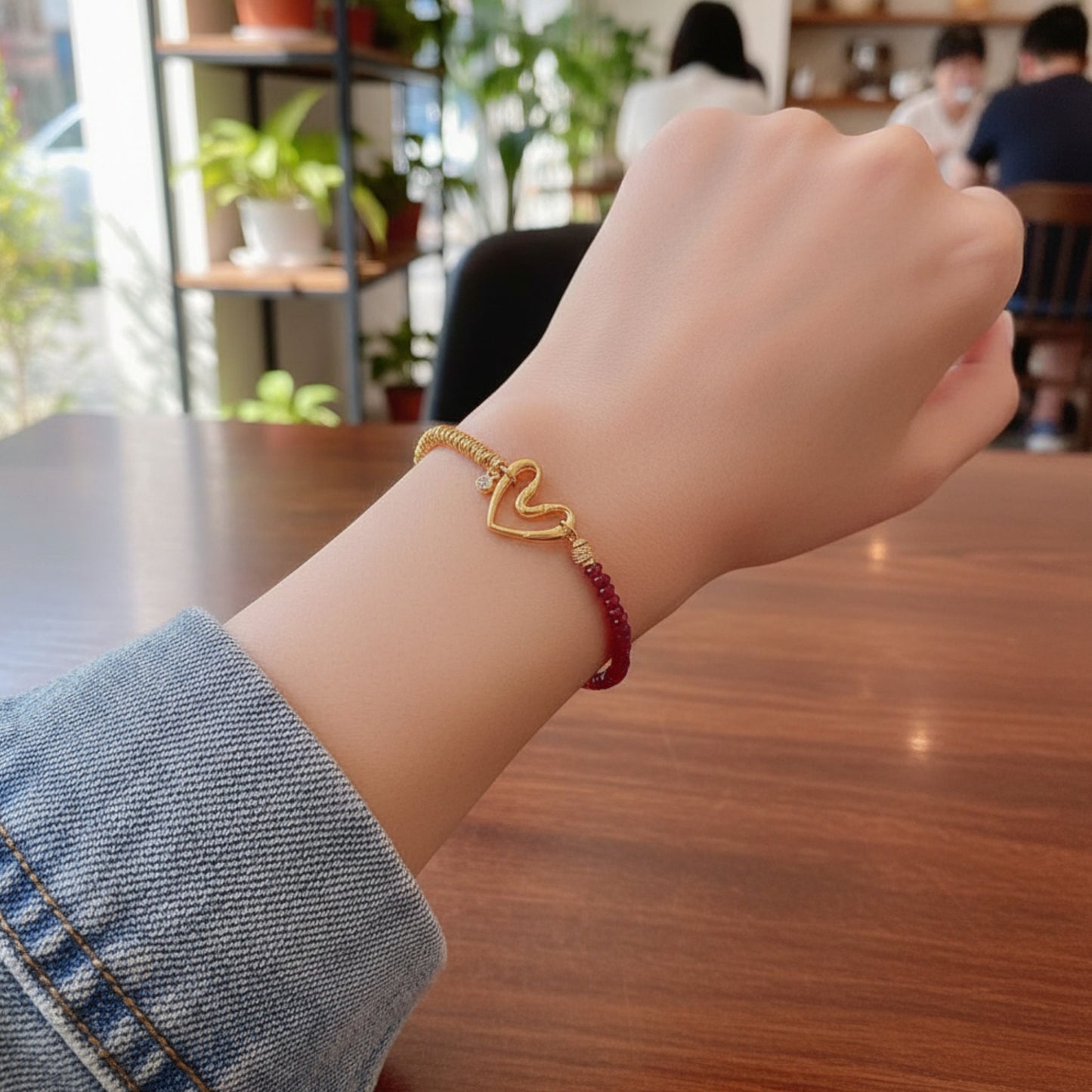 24k 999 Gold Natural Ruby Moissanite Heart Charm Beads Bracelet