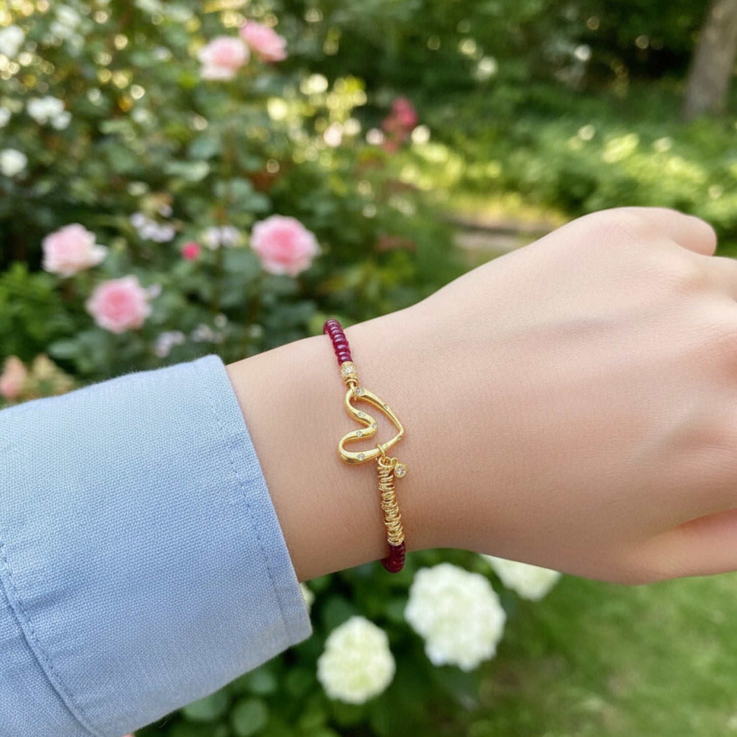 24k 999 Gold Natural Ruby Moissanite Heart Charm Beads Bracelet