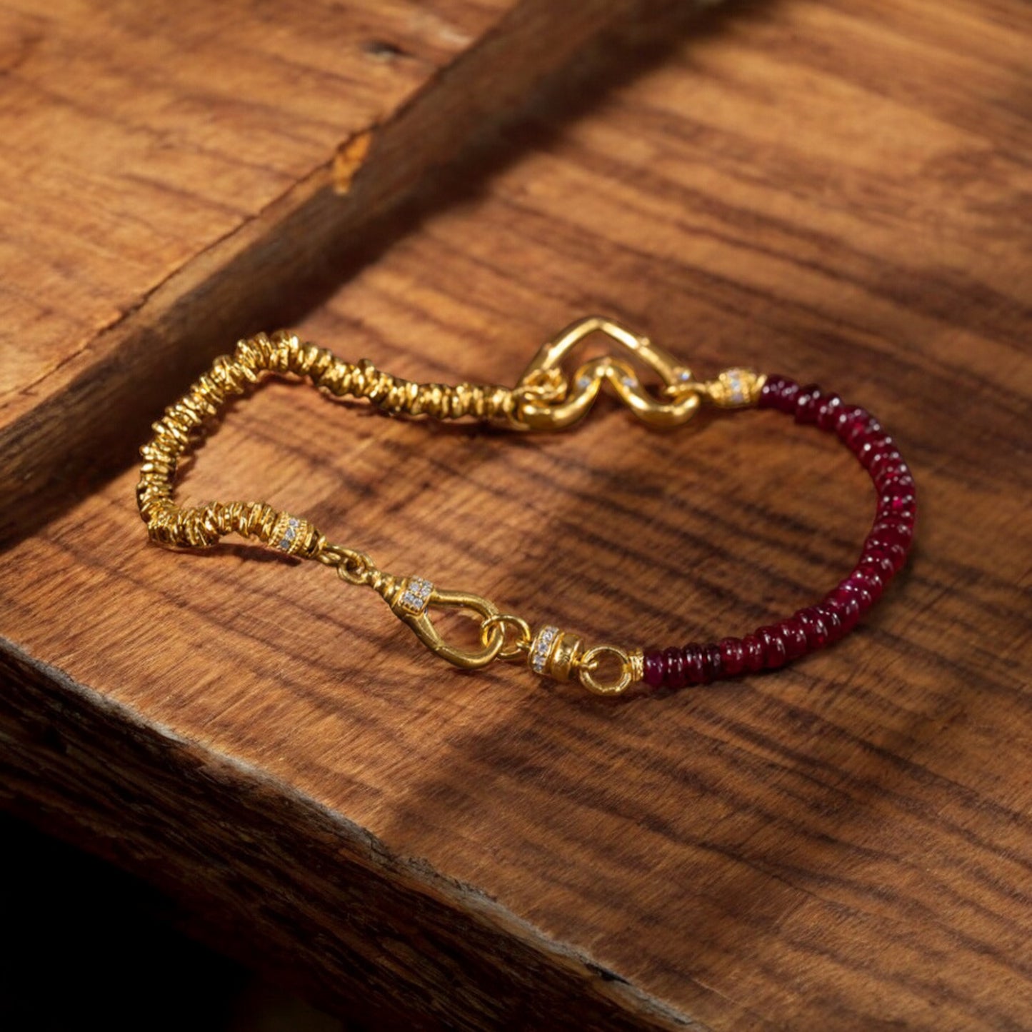 24k 999 Gold Natural Ruby Moissanite Heart Charm Beads Bracelet