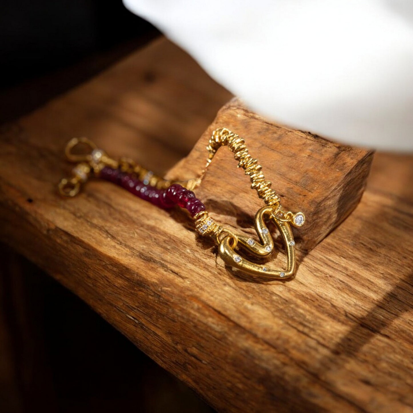 24k 999 Gold Natural Ruby Moissanite Heart Charm Beads Bracelet