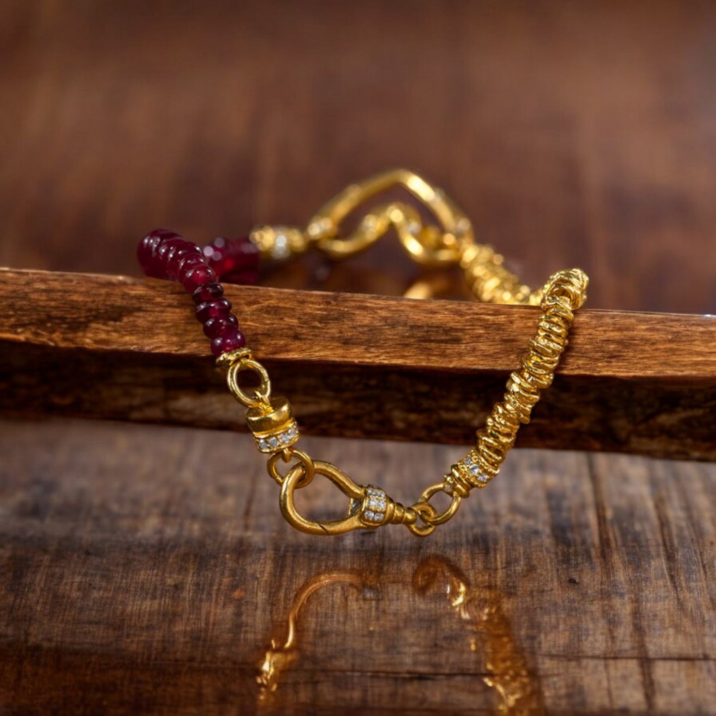 24k 999 Gold Natural Ruby Moissanite Heart Charm Beads Bracelet