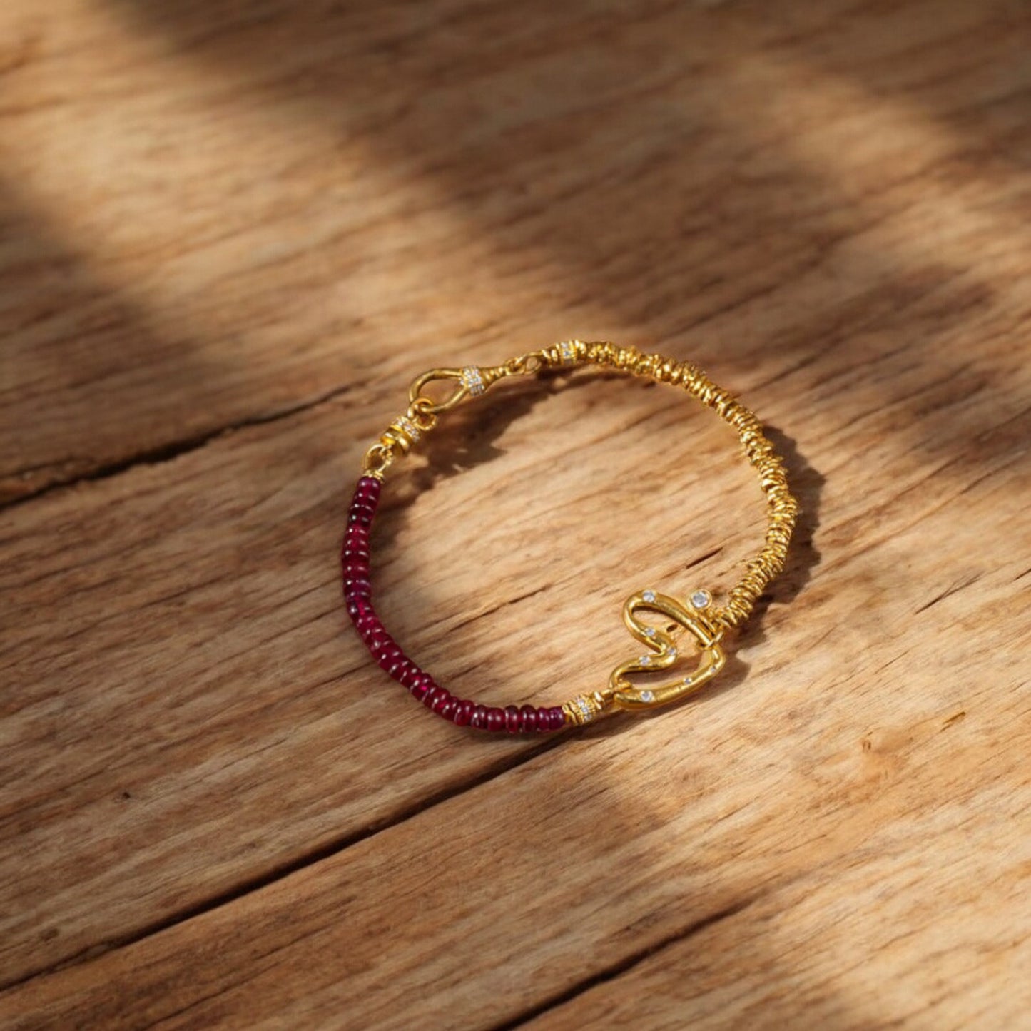 24k 999 Gold Natural Ruby Moissanite Heart Charm Beads Bracelet