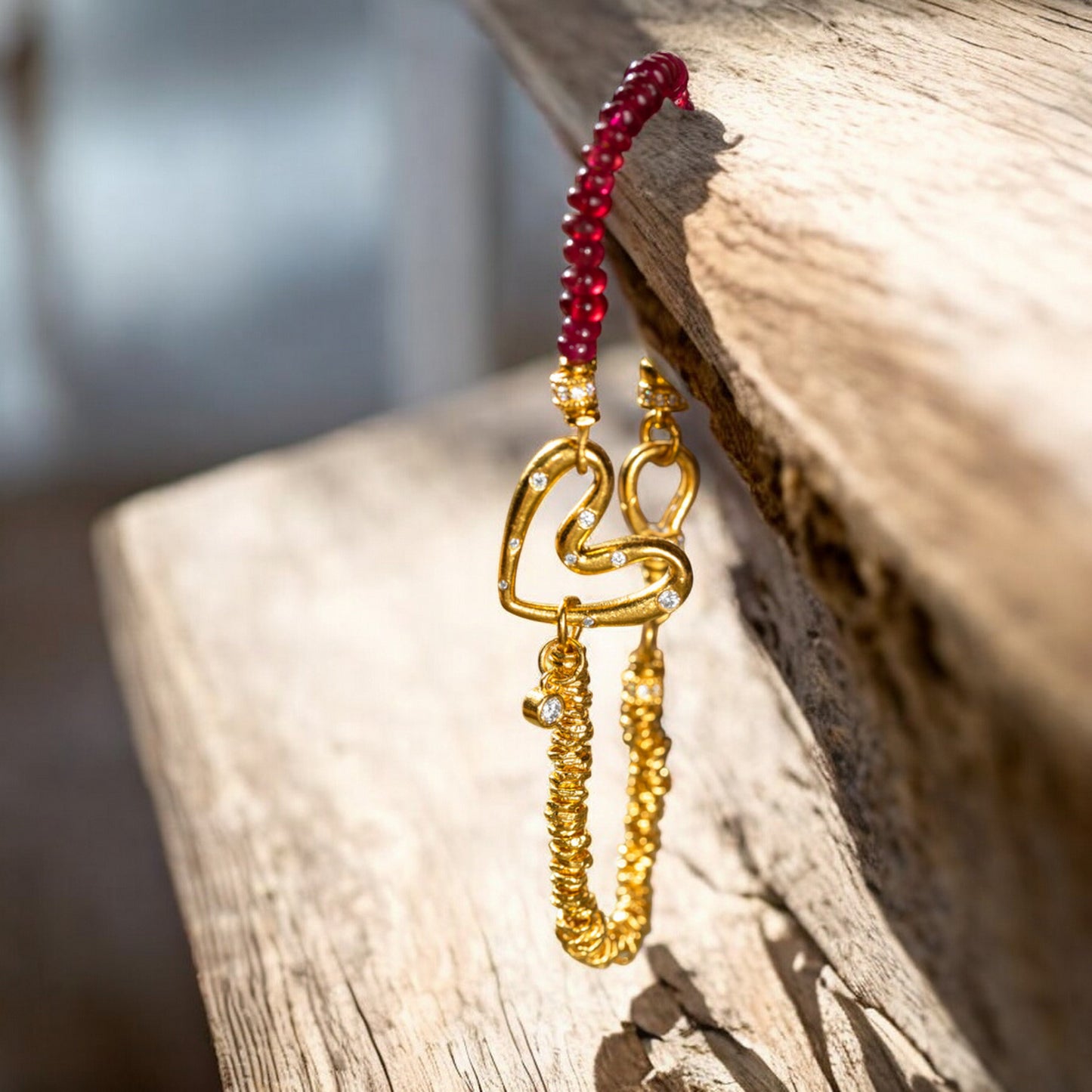 24k 999 Gold Natural Ruby Moissanite Heart Charm Beads Bracelet