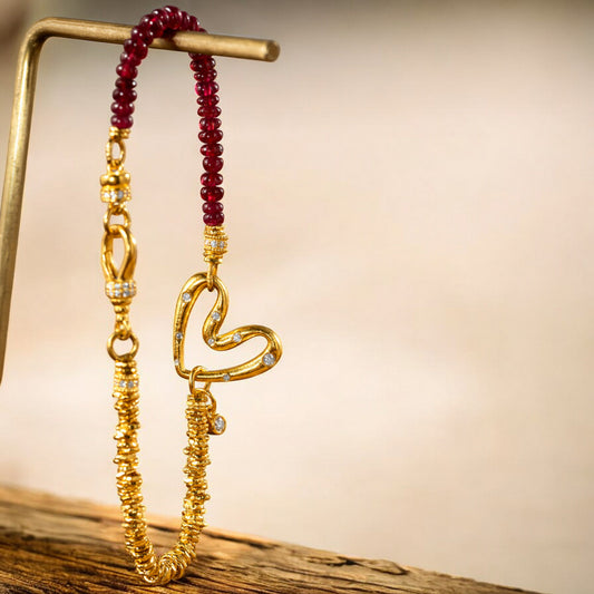 24k 999 Gold Natural Ruby Moissanite Heart Charm Beads Bracelet