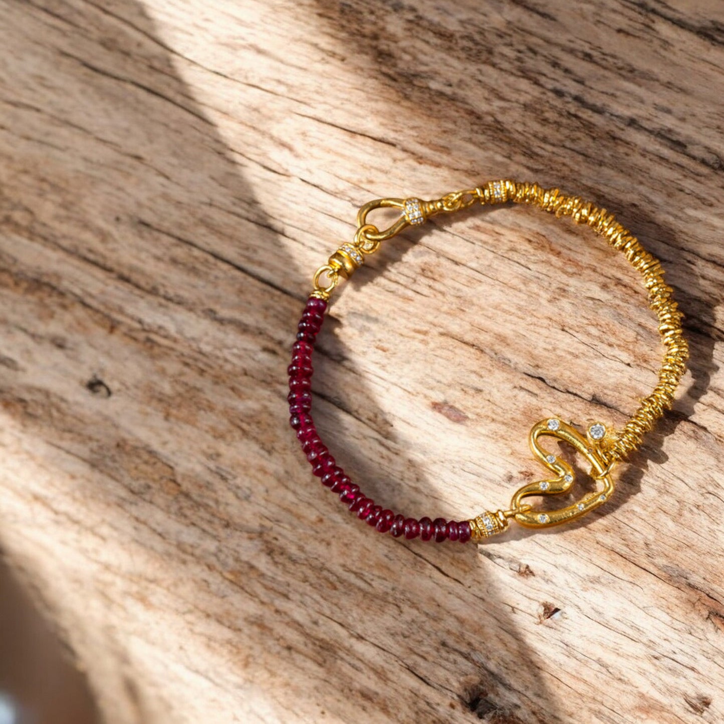 24k 999 Gold Natural Ruby Moissanite Heart Charm Beads Bracelet