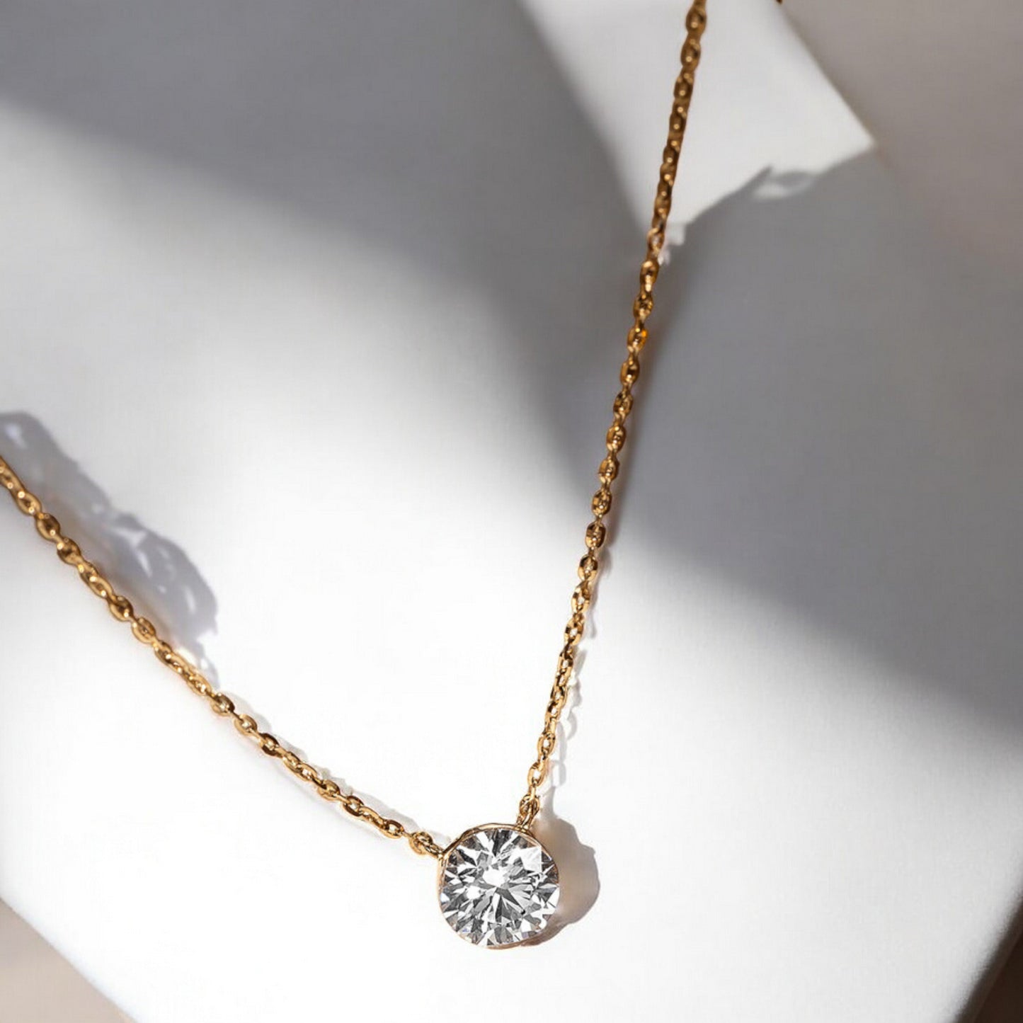 18K Pure Gold Minimal Diamond Prongless Setting Sparkling Pendant Necklace