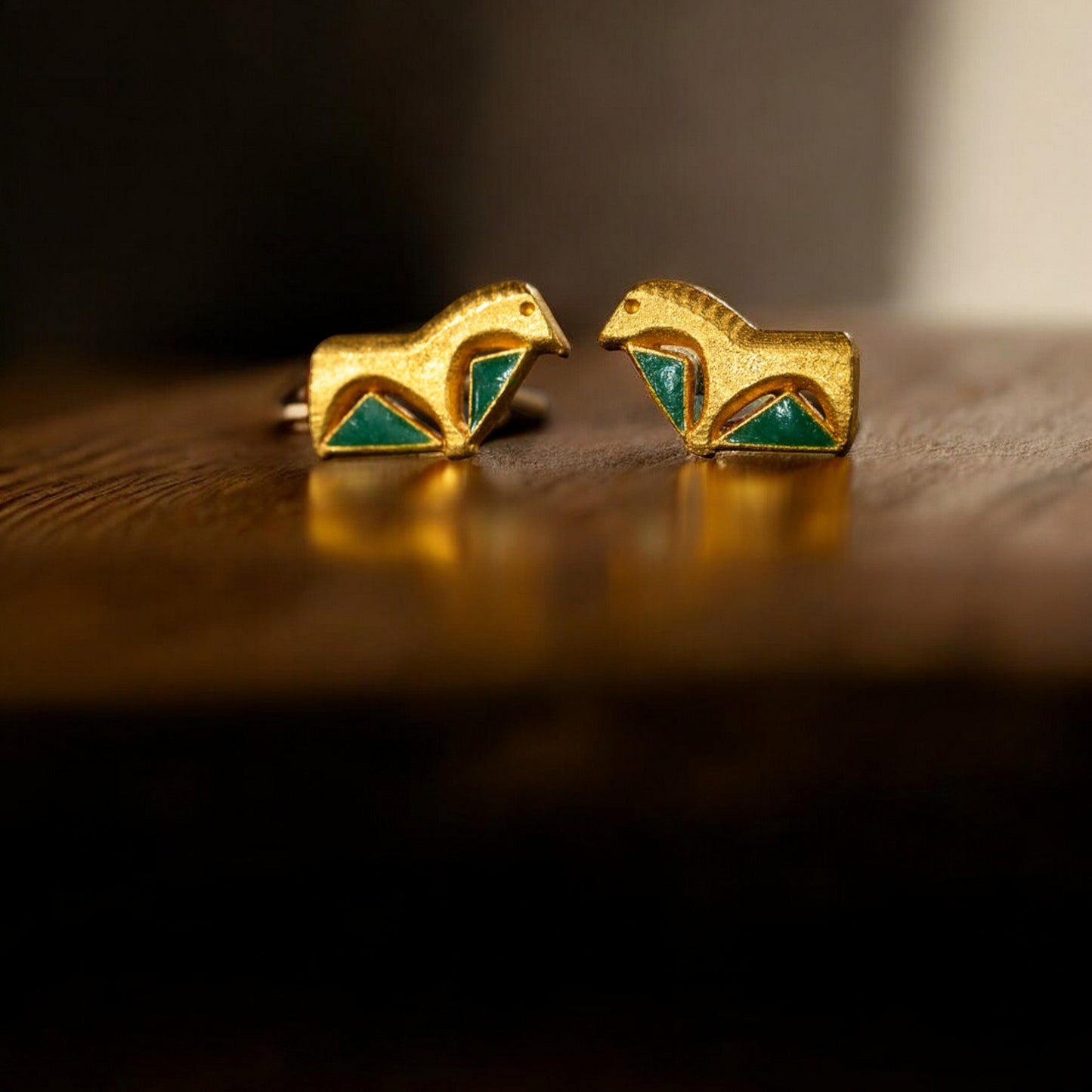 24K Real Gold Traditional Enamel Double-Sided Horse Mini Stud Earrings and Pendant