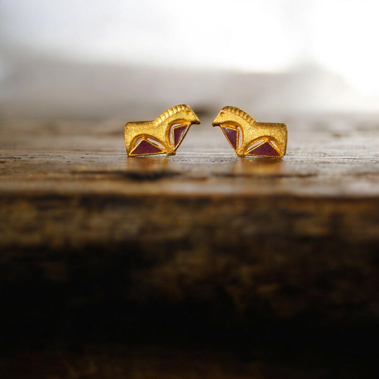 24K Real Gold Traditional Enamel Double-Sided Horse Mini Stud Earrings and Pendant