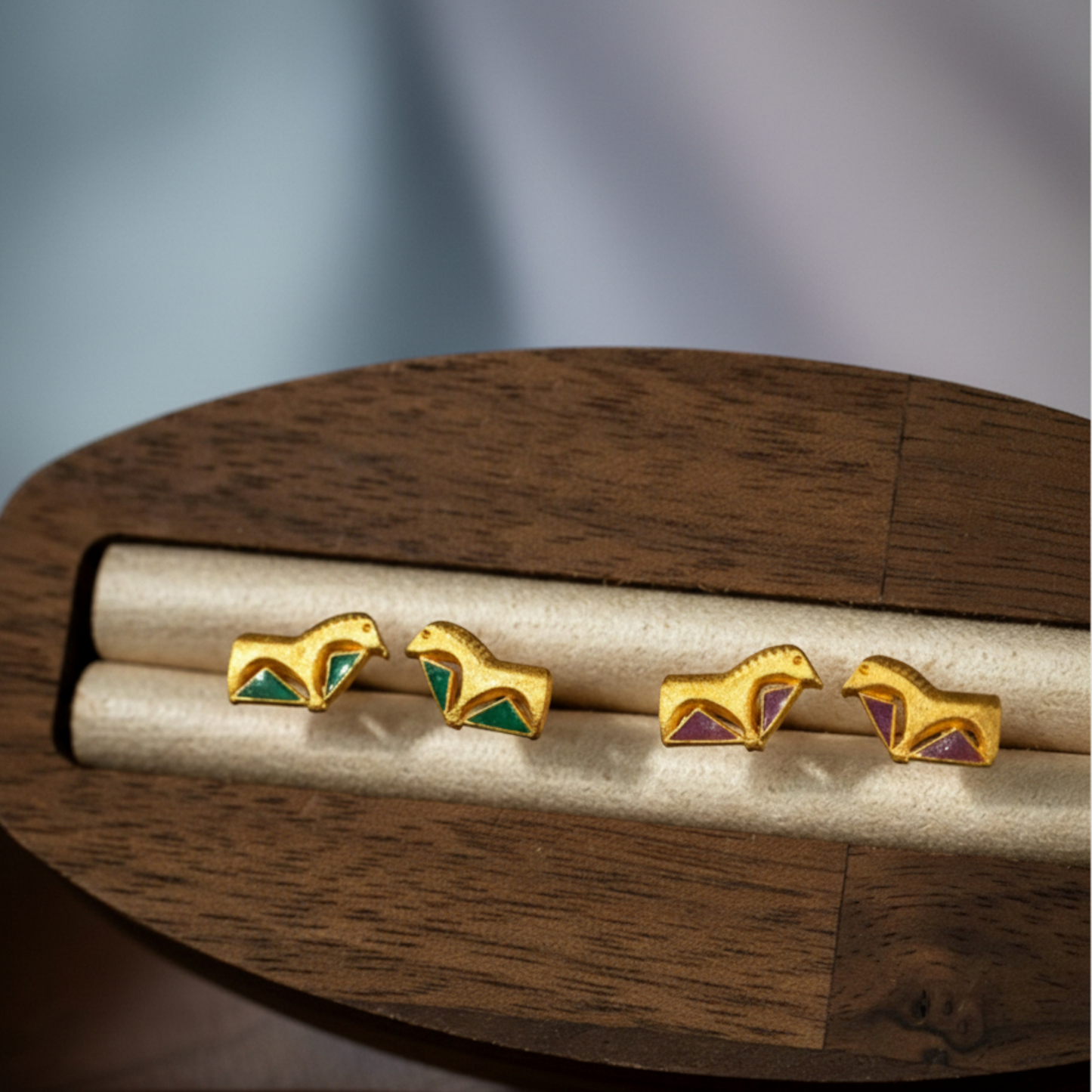 24K Real Gold Traditional Enamel Double-Sided Horse Mini Stud Earrings and Pendant