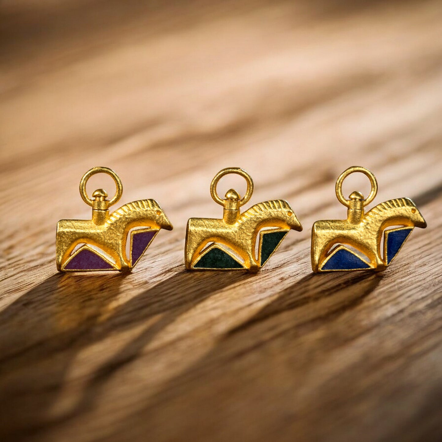 24K Real Gold Traditional Enamel Double-Sided Horse Mini Stud Earrings and Pendant