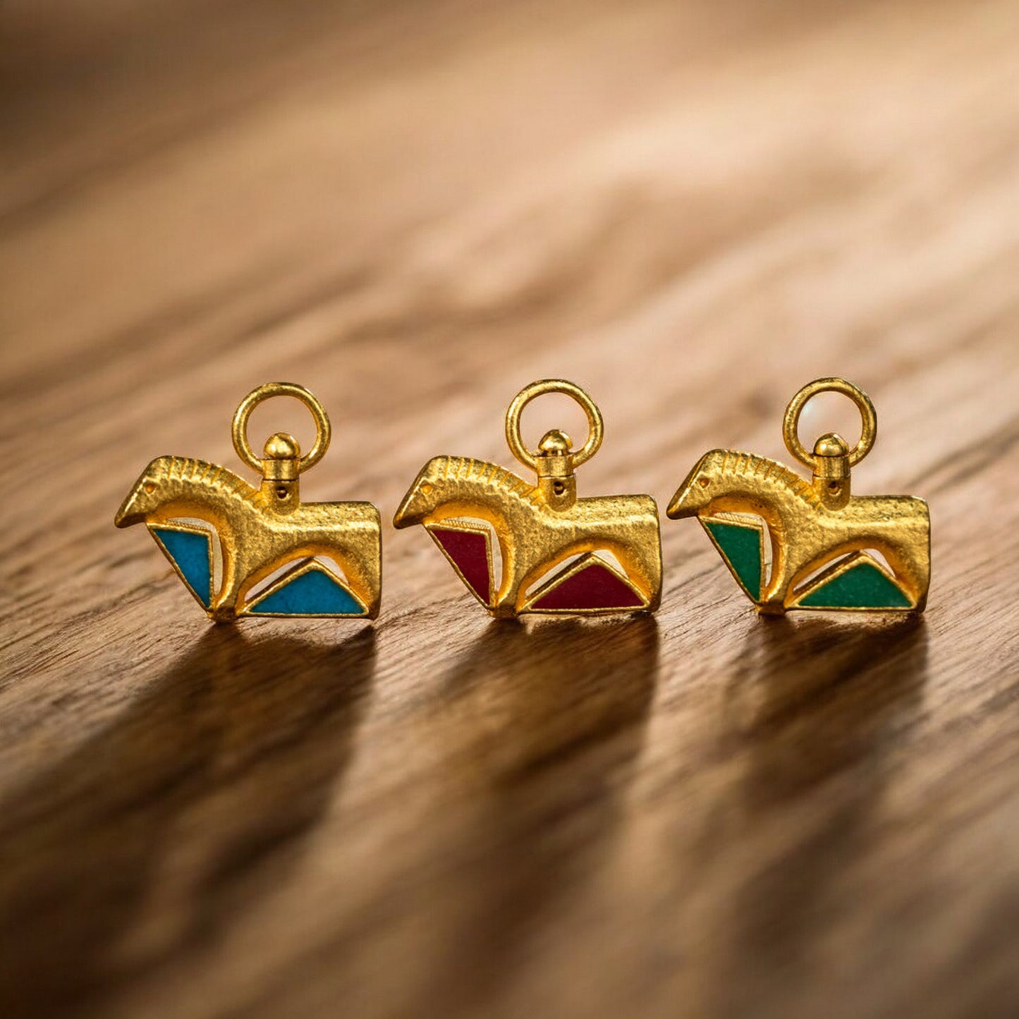 24K Real Gold Traditional Enamel Double-Sided Horse Mini Stud Earrings and Pendant