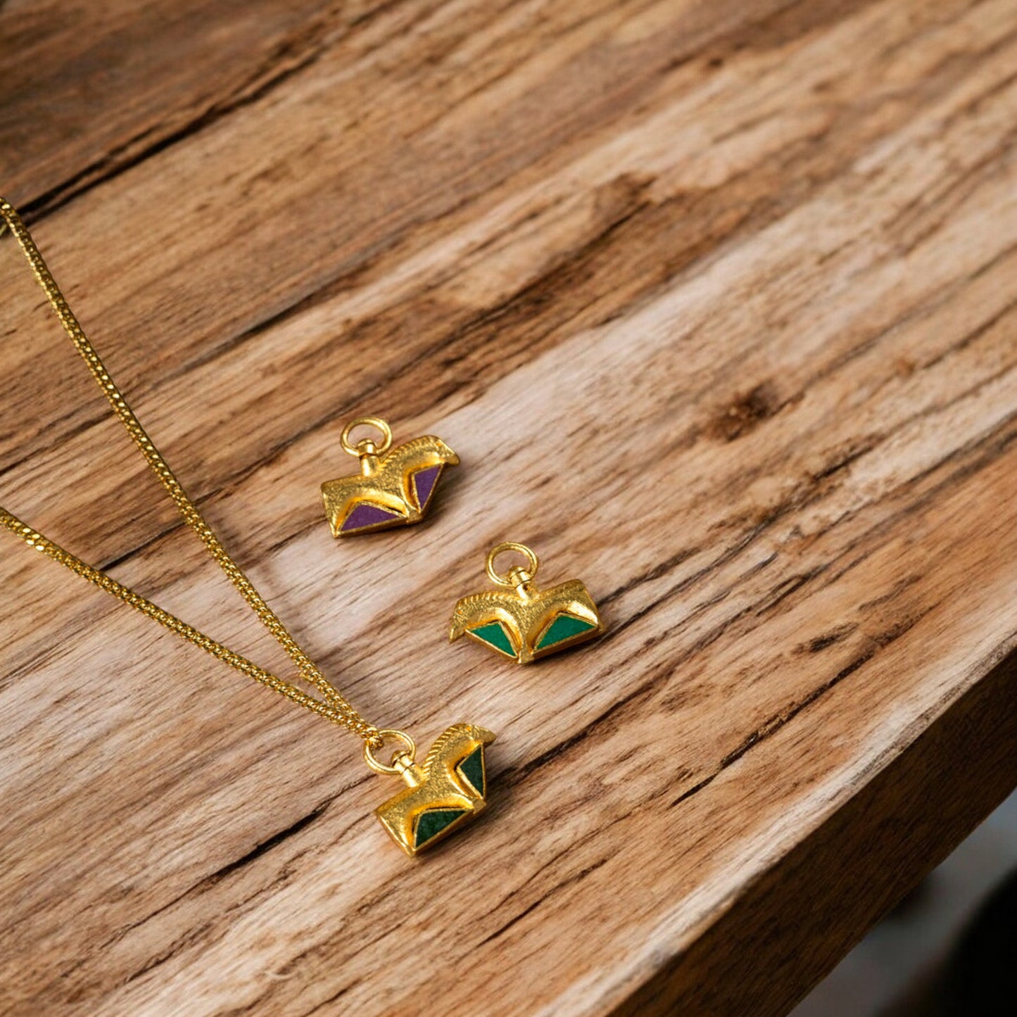 24K Real Gold Traditional Enamel Double-Sided Horse Mini Stud Earrings and Pendant