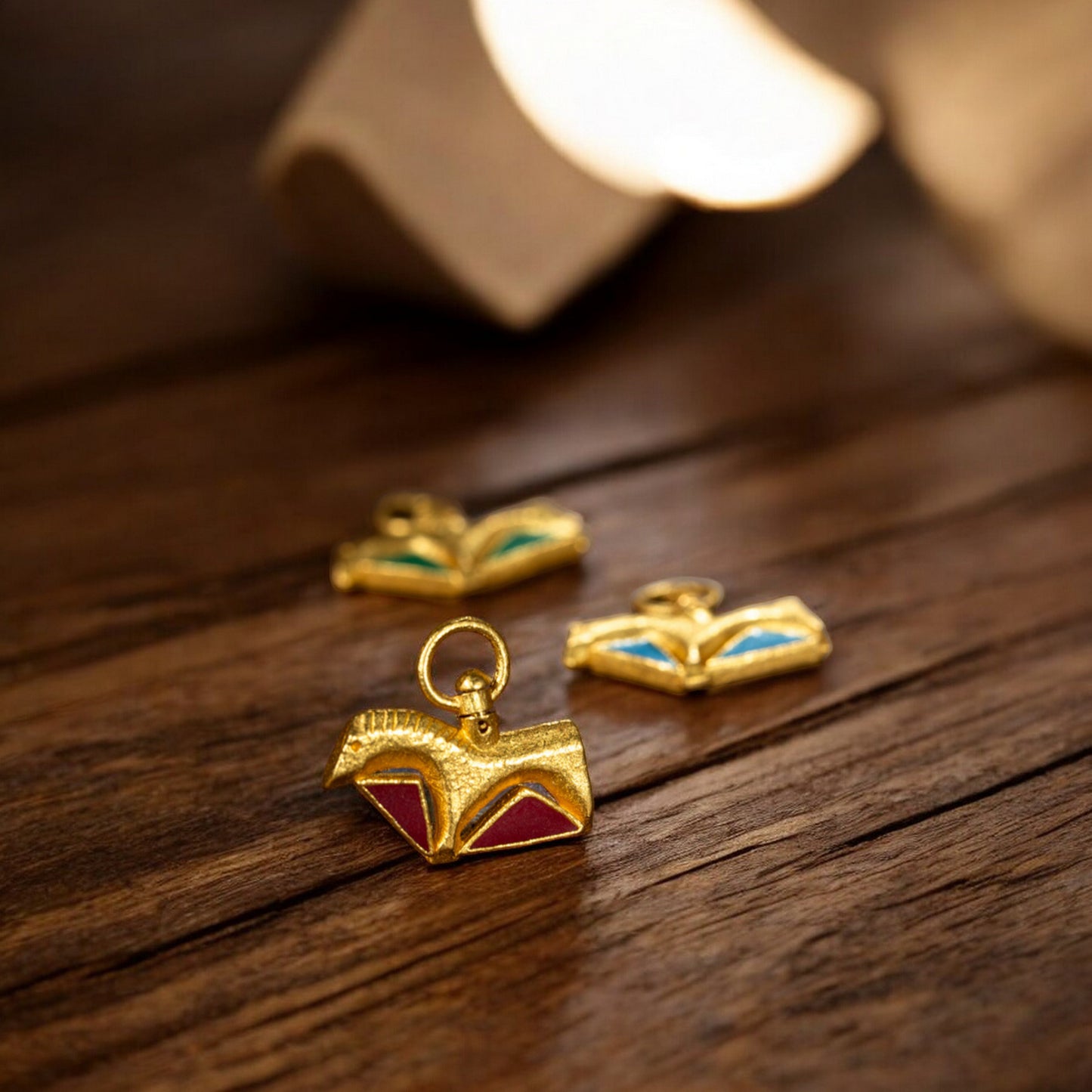 24K Real Gold Traditional Enamel Double-Sided Horse Mini Stud Earrings and Pendant