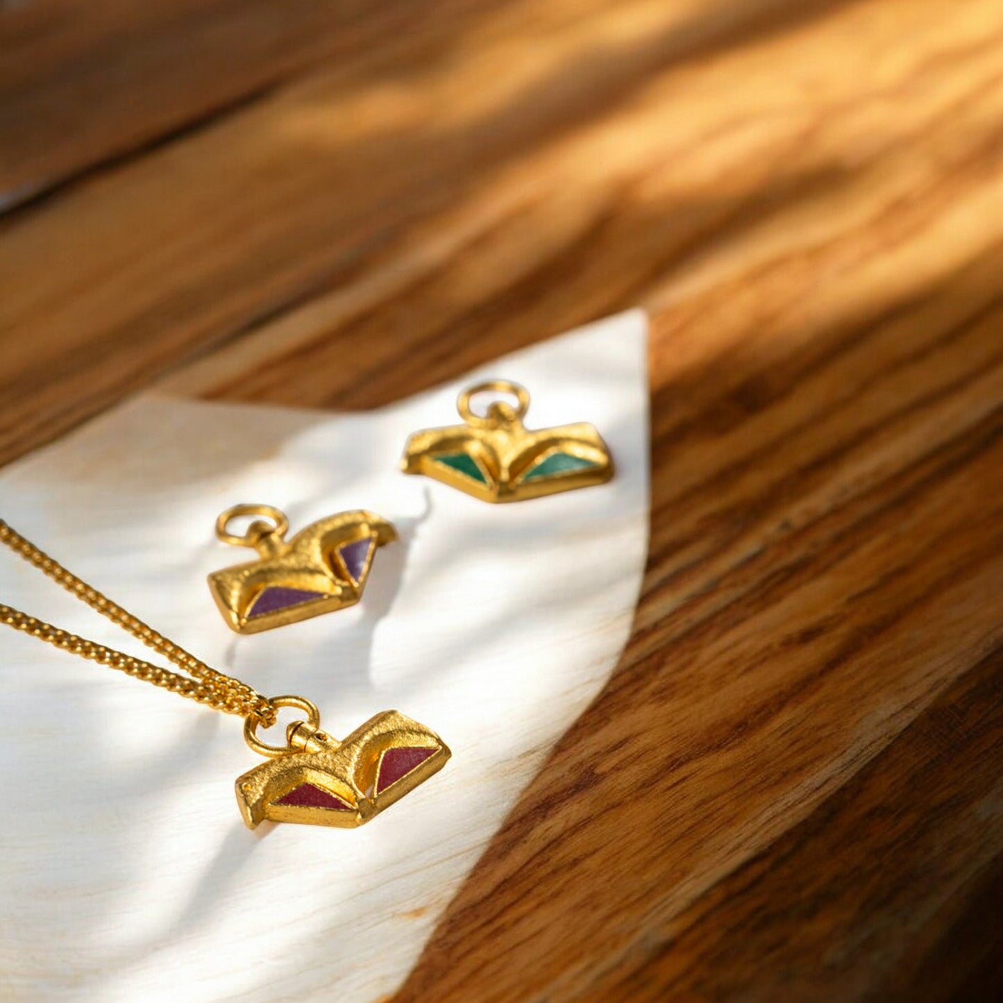 24K Real Gold Traditional Enamel Double-Sided Horse Mini Stud Earrings and Pendant
