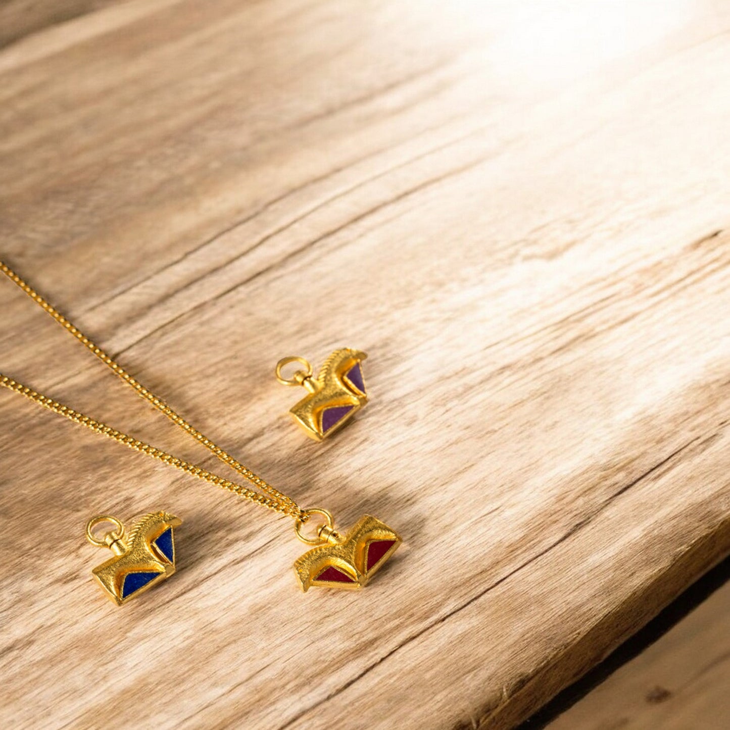 24K Real Gold Traditional Enamel Double-Sided Horse Mini Stud Earrings and Pendant
