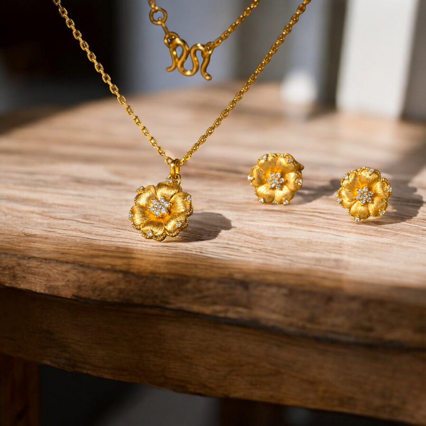 24K Real 5G Gold Natural Diamond layering Flower Necklace and Earrings