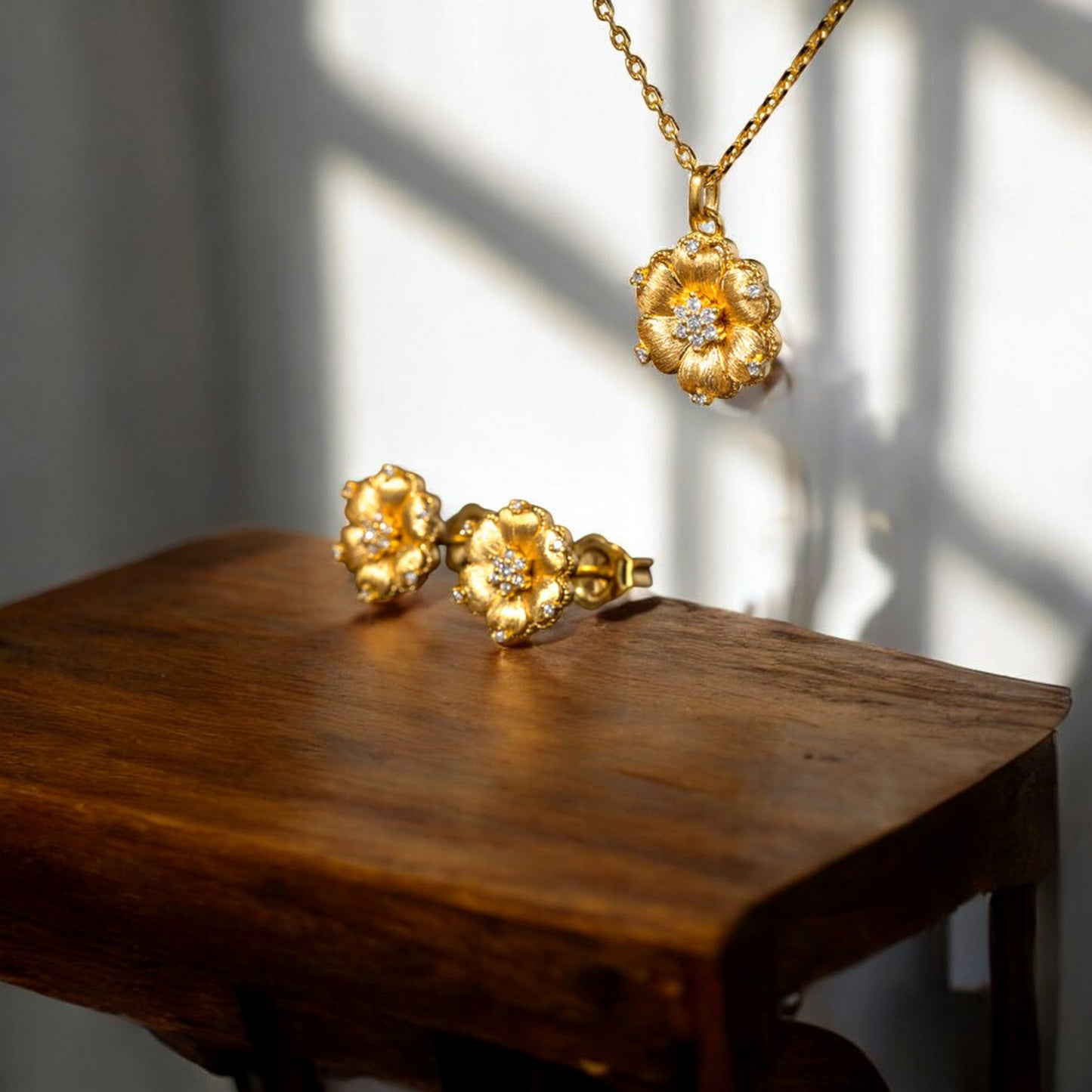 24K Real 5G Gold Natural Diamond layering Flower Necklace and Earrings