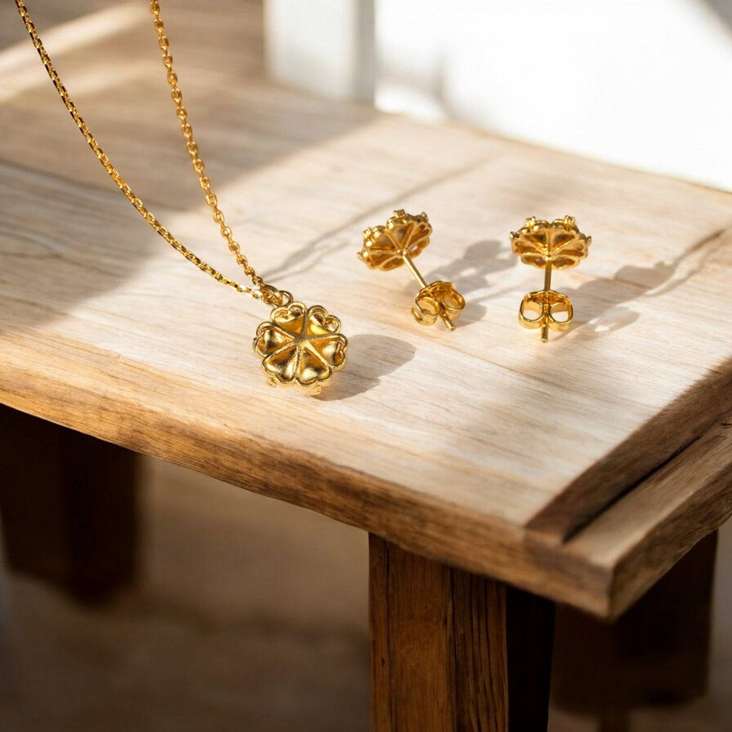 24K Real 5G Gold Natural Diamond layering Flower Necklace and Earrings