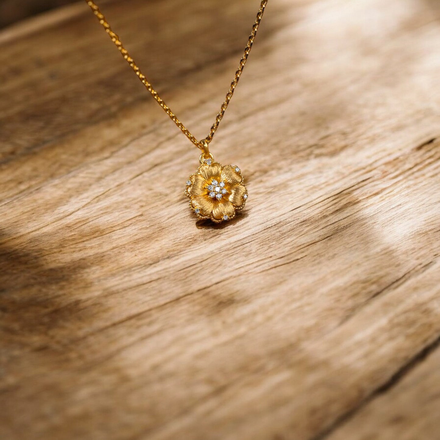 24K Real 5G Gold Natural Diamond layering Flower Necklace and Earrings