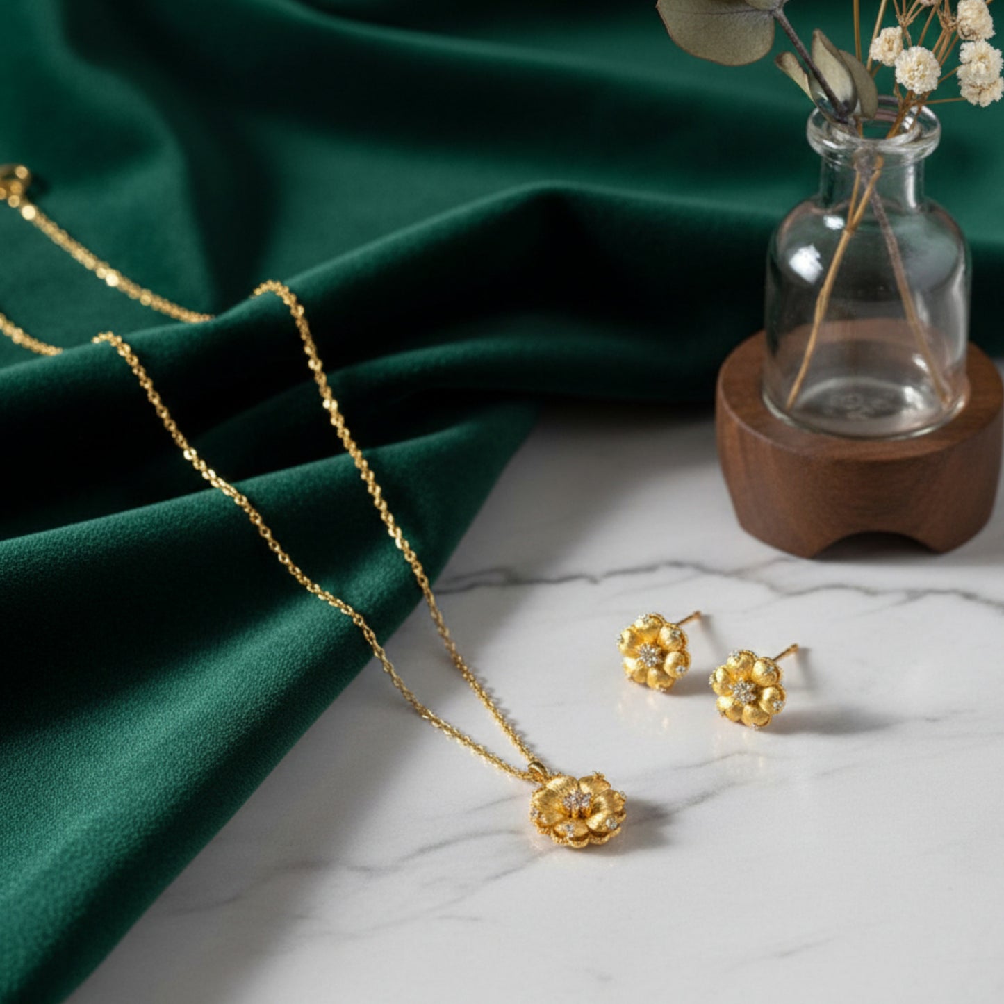 24K Real 5G Gold Natural Diamond layering Flower Necklace and Earrings