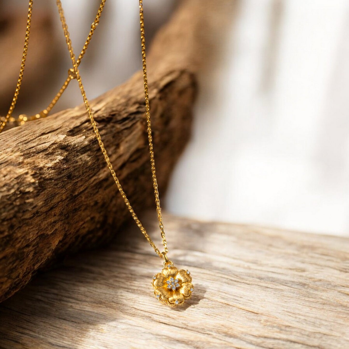 24K Real 5G Gold Natural Diamond layering Flower Necklace and Earrings