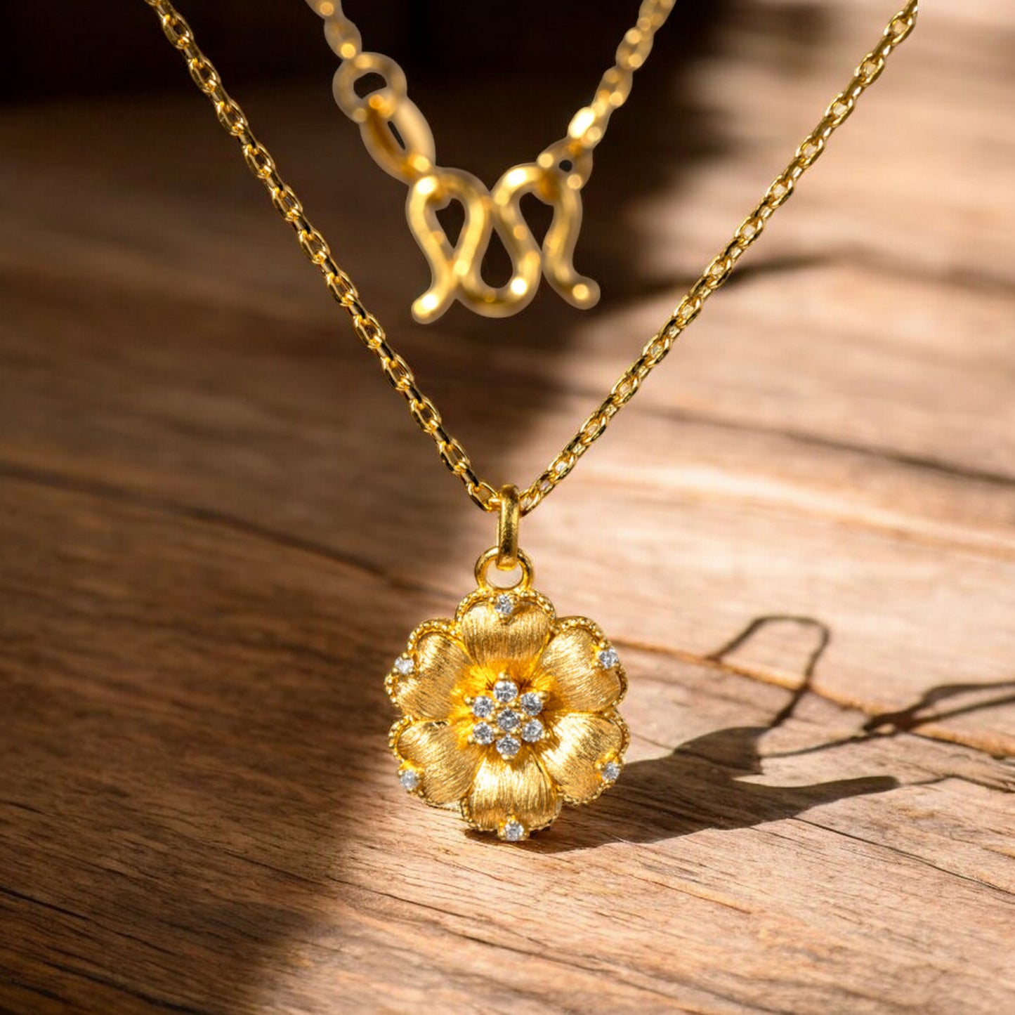 24K Real 5G Gold Natural Diamond layering Flower Necklace and Earrings