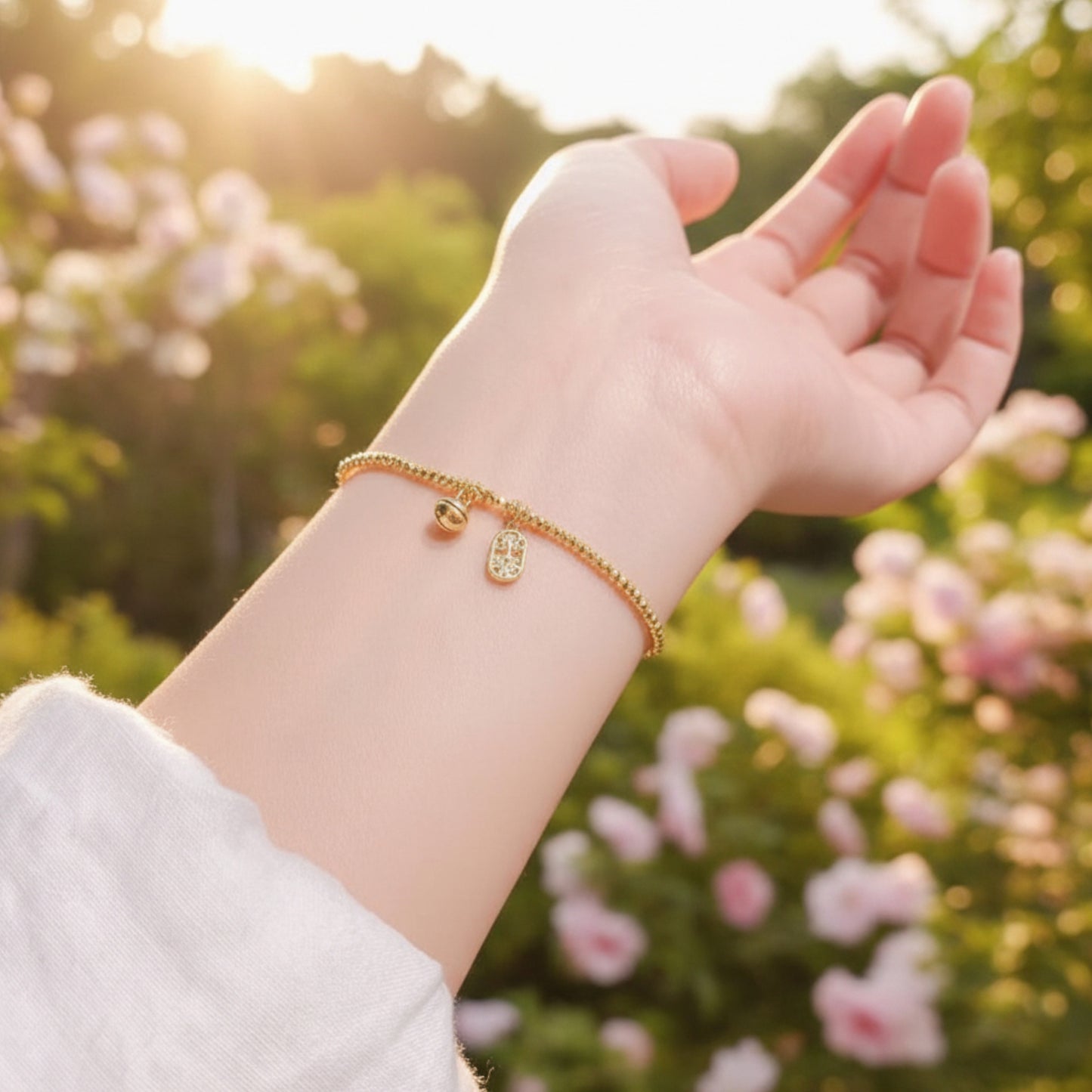 24k 999 5G Gold Beads Bracelet with Butterfly Heart Charm