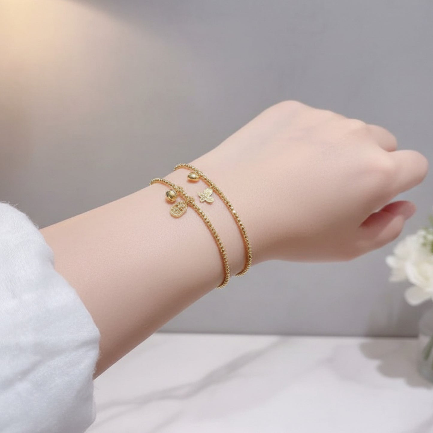 24k 999 5G Gold Beads Bracelet with Butterfly Heart Charm